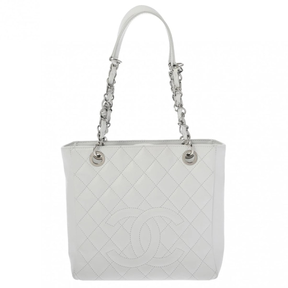 CHANEL PST MATRASSE CAVIARSKIN WHITE TOTE BAG: CHANEL PST Matrasse Caviarskin white Tote Bag Brand: CHANEL Type/Style: Tote Bag Material: Caviarskin Color: white ? SilverMetal Size: H:about 9.1inch W:about 9.8inch (Bottom) D:about 3.5inch Acce