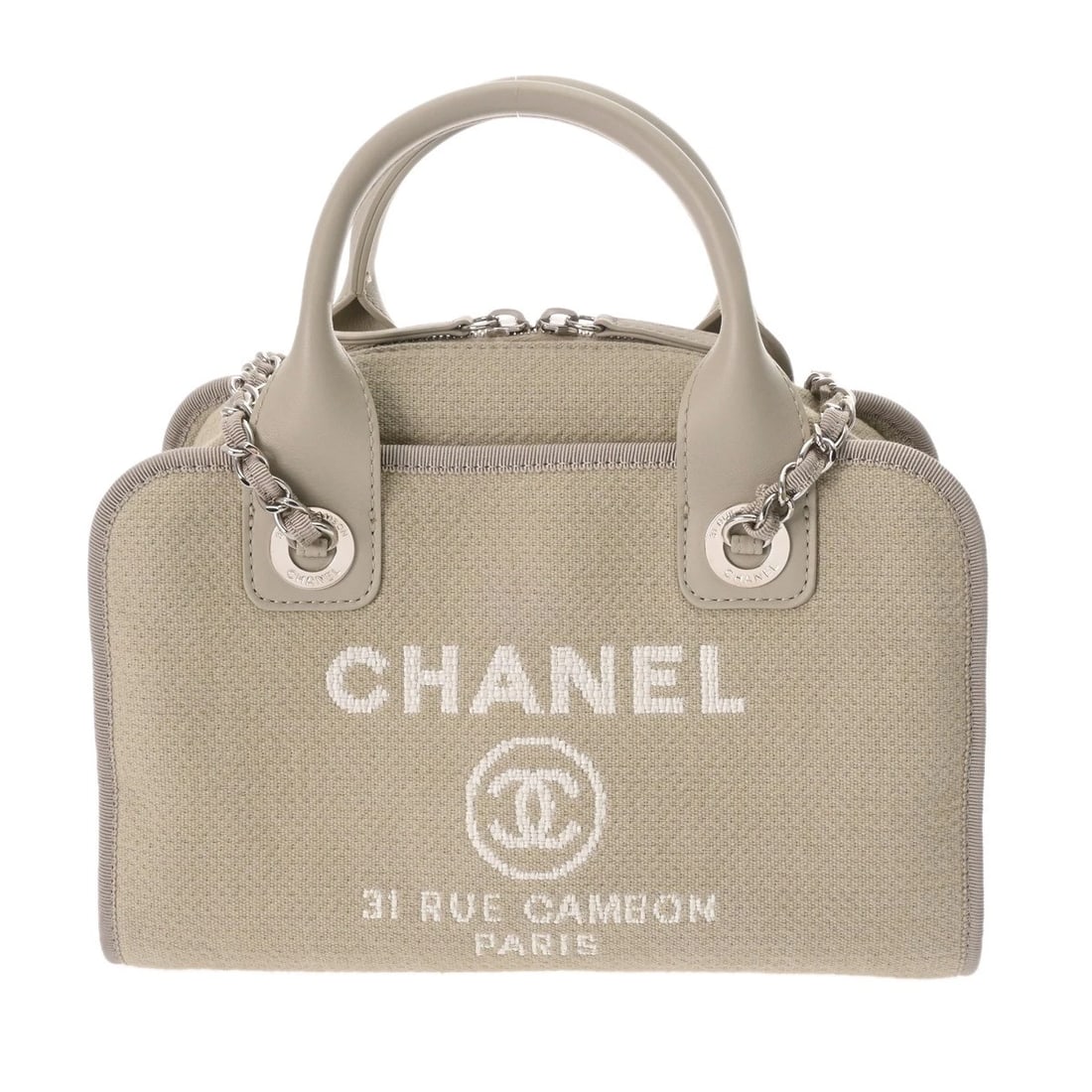 CHANEL BOWLING BAG 2WAY CHAIN CANVAS SHOULDER BAG: CHANEL Bowling Bag 2WAY Chain canvas Shoulder Bag Brand: CHANEL Type/Style: Shoulder Bag Material: canvas Color: Gurege ? SilverMetal Size: H:about 6.3inch W:about 10.6inch D:about 4.3inch Accesso