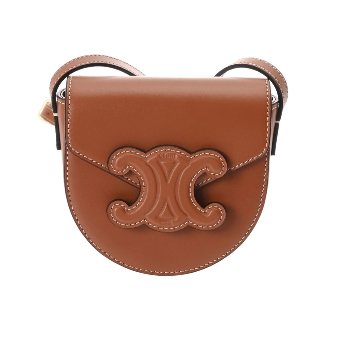 CELINE MINI BUZZAS TRIOMPHE TAN SHOULDER BAG: CELINE Mini Buzzas Triomphe Tan Shoulder Bag Brand: CELINE Type/Style: Shoulder Bag Material: Smooth Calfskin Color: Tan ? Gold Metal Size: H:about 4.1inch (Center) W:about 4.3inch (maximum) D:about 2