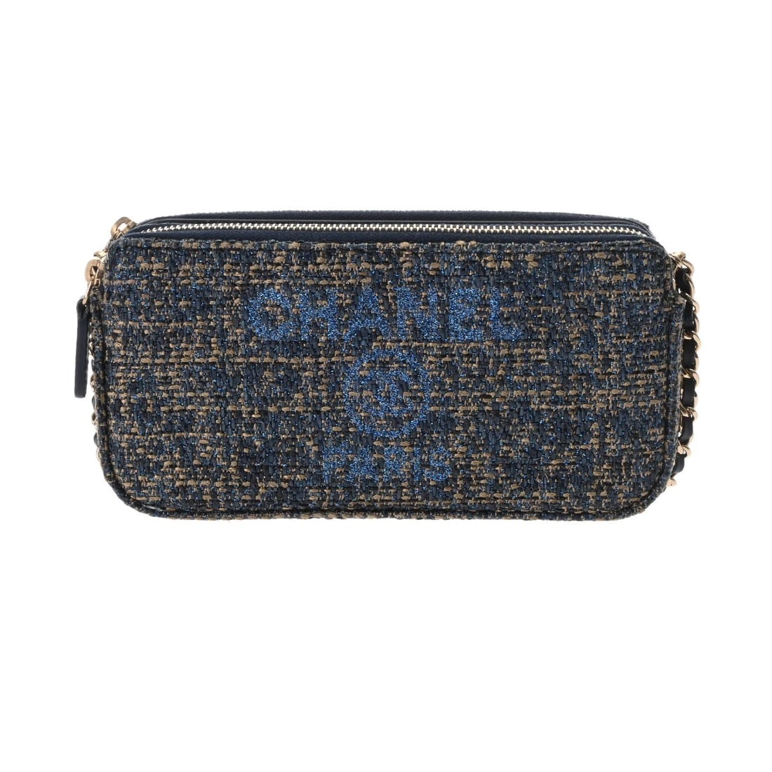 CHANEL CHAIN WALLET DEAUVILLE TWEED BLUE SHOULDER BAG: CHANEL Chain wallet Deauville tweed blue Shoulder Bag Brand: CHANEL Type/Style: Shoulder Bag Material: tweed Color: blue ? Champagne Gold Metal Size: H:about 3.7inch W:about 7.5inch D:about 1.2inch