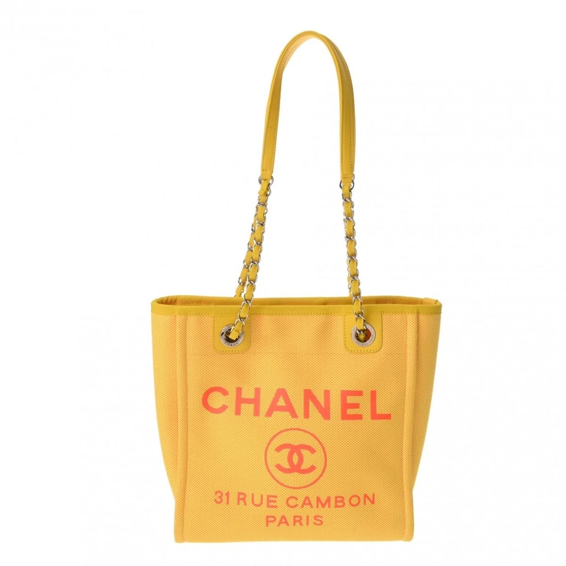 CHANEL DEAUVILLE PM TOTE YELLOW TOTE BAG: CHANEL Deauville PM Tote yellow Tote Bag Brand: CHANEL Type/Style: Tote Bag Material: Mixed fiber Color: yellow ? SilverMetal Size: H:about 10.2inch W:about 10.0inch D:about 4.1inch Accessories: N