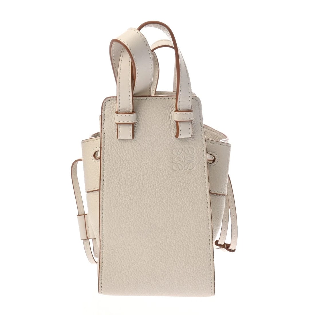 LOEWE MINI HAMMOCK DRAWSTRING BAG LIGHT GREIGE SHOULDER BAG: LOEWE mini hammock drawstring bag Light Greige Shoulder Bag Brand: LOEWE Type/Style: Shoulder Bag Material: Soft grain calf Color: Light Greige ? Gold Metal Size: H:about 7.5inch (maximum) W:about 6.7