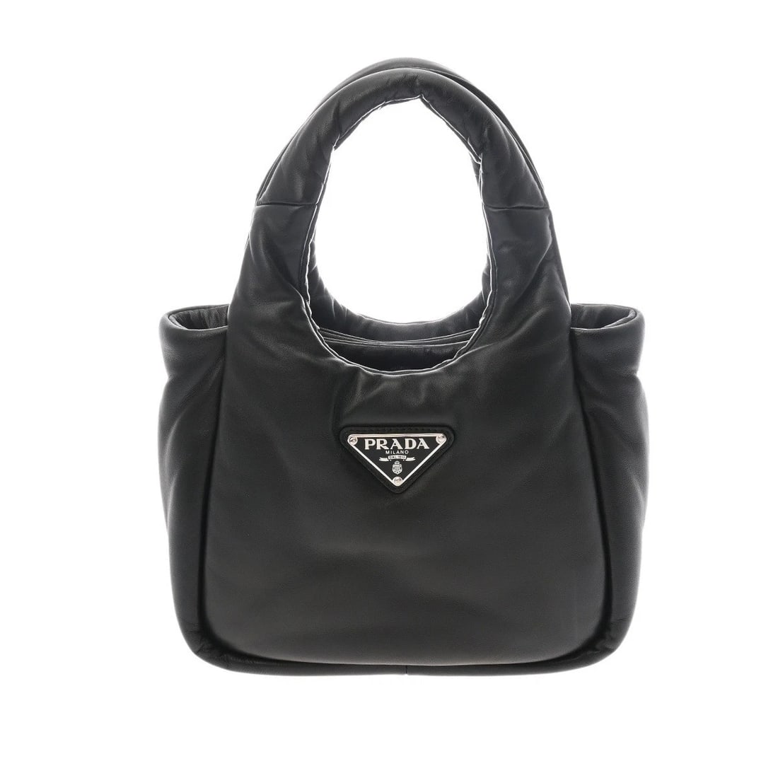 PRADA MINI HANDBAG NAPPA LEATHER BLACK HANDBAG: PRADA Mini handbag Nappa leather black Handbag Brand: PRADA Type/Style: Handbag Material: Nappa leather Color: black ? SilverMetal Size: H:about 5.5inch Center W:about 7.9inch Bottom D:about 3.0inch