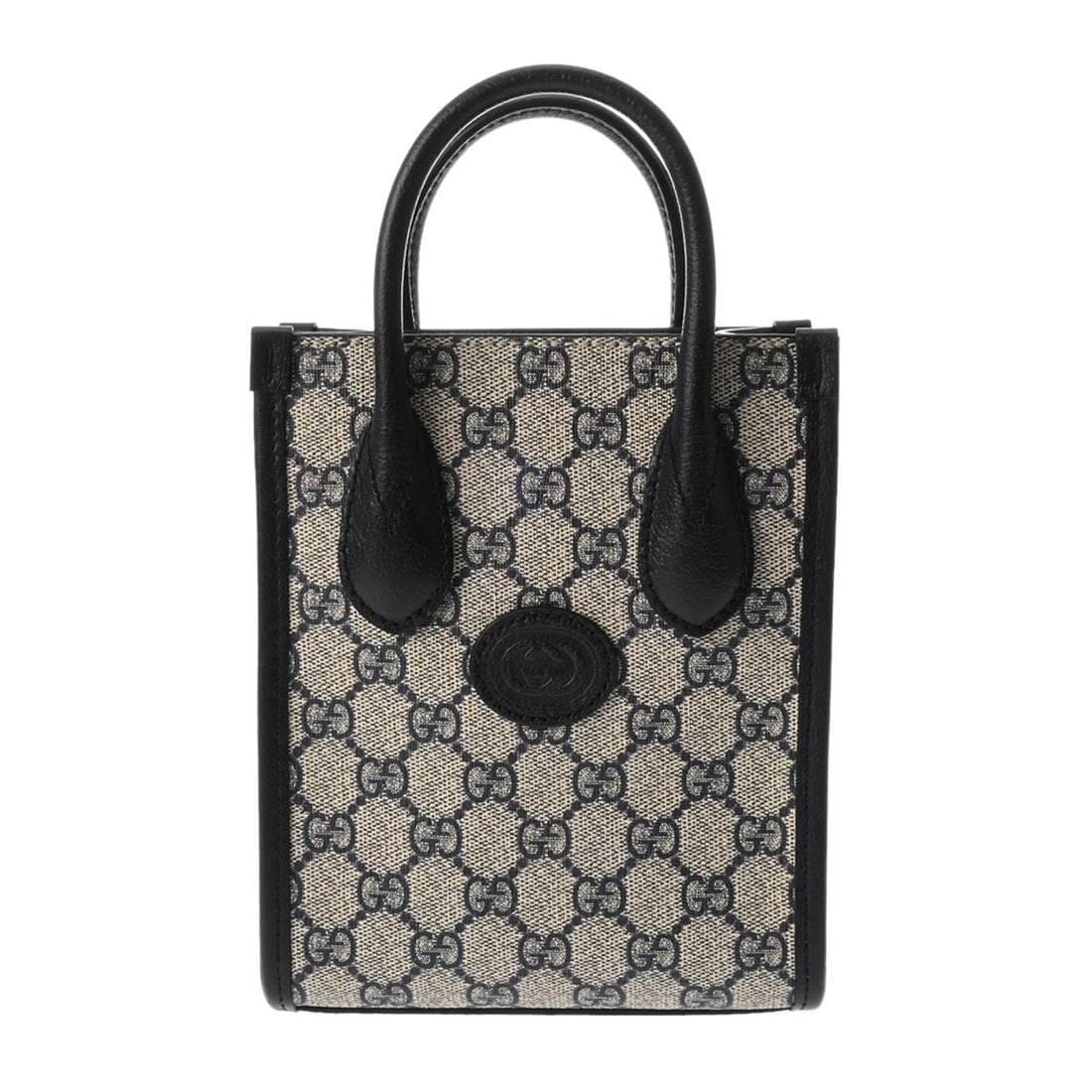 GUCCI MINI TOTE BAG INTERLOCKING SUPREME CANVAS/LEATHER: GUCCI Mini Tote Bag Interlocking Supreme Canvas/leather Brand: GUCCI Type/Style: Shoulder Bag Material: GG Supreme Canvas/leather Color: Beige / navy ? SilverMetal Size: H:about 7.7inch W:about 6.3inc