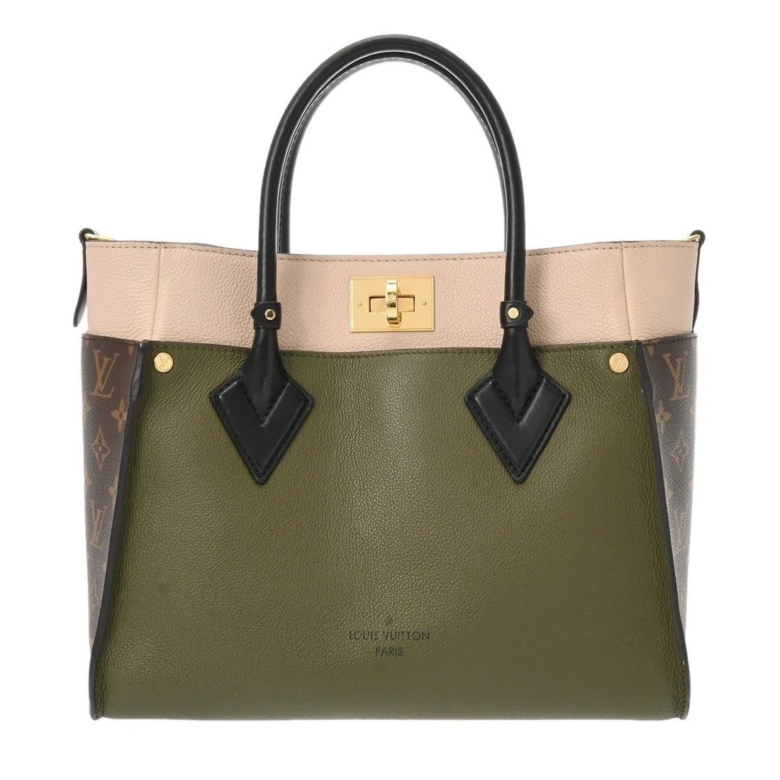 LOUIS VUITTON MM GRAIN CALFSKIN LEATHER/MONOGRAM CANVAS: LOUIS VUITTON MM Grain Calfskin Leather/Monogram canvas Brand: LOUIS VUITTON Type/Style: Handbag Material: Grain Calfskin Leather Color: Bay leaf ? Gold Metal Size: H:about 9.8inch W:about 12.0inch D: