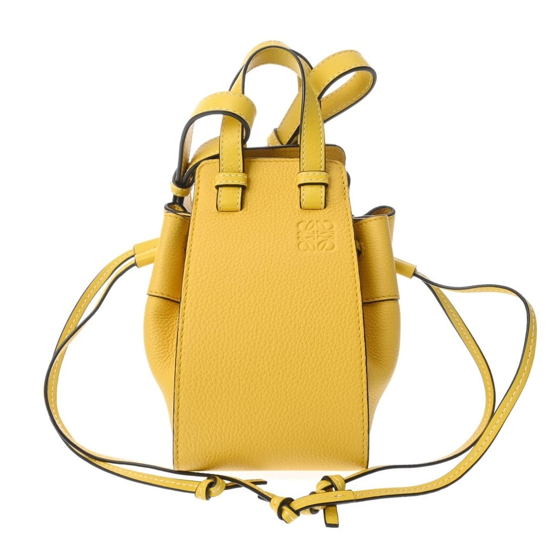 LOEWE MINI HAMMOCK DRAWSTRING BAG CALF YELLOW SHOULDER BAG: LOEWE mini hammock drawstring bag calf yellow Shoulder Bag Brand: LOEWE Type/Style: Shoulder Bag Material: calf Color: yellow ? Gold Metal Size: H:about 7.5inch (maximum) W:about 6.7inch (Bottom)