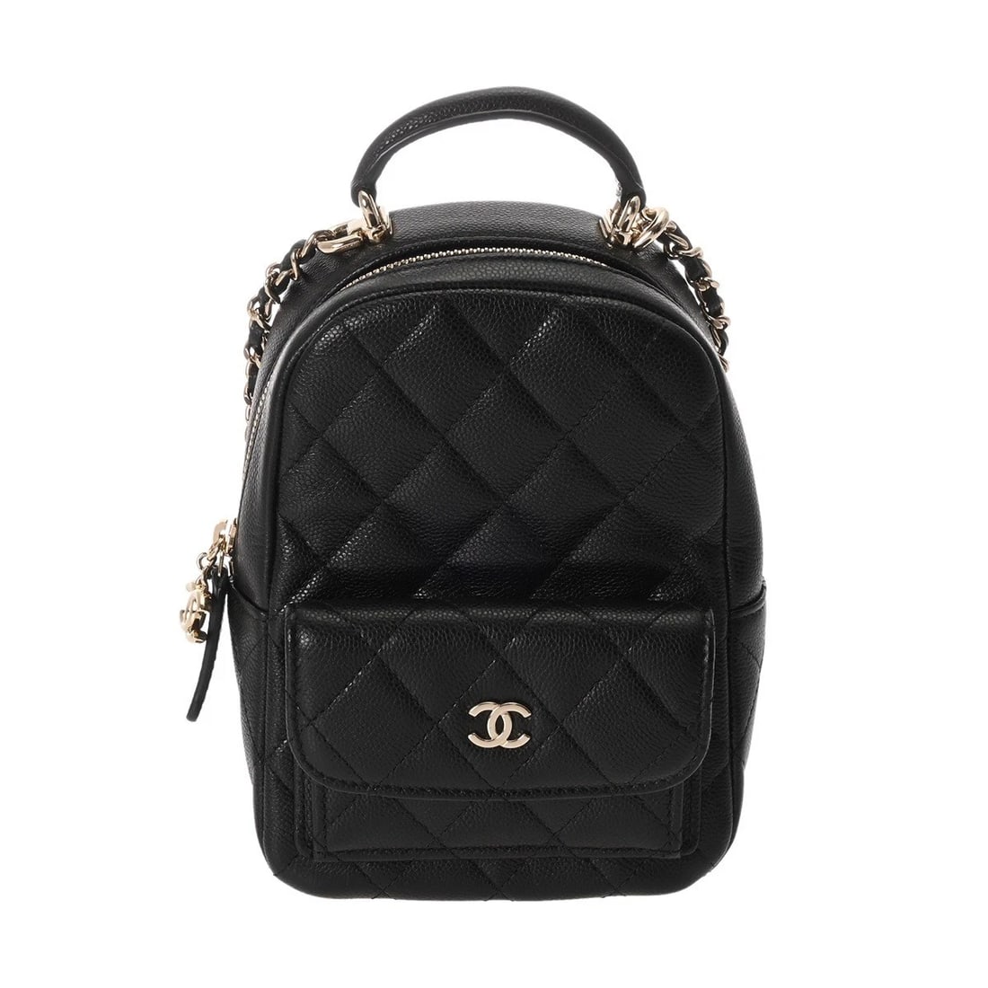 CHANEL CLASSIC MINI BACKPACK MATRASSE BLACK BACKPACK: CHANEL Classic Mini Backpack Matrasse black Backpack Brand: CHANEL Type/Style: Backpack ?? Daypack Material: Grained calfskin Color: black ? Champagne Gold Metal Size: H:about 7.1inch W:about 5.1inch