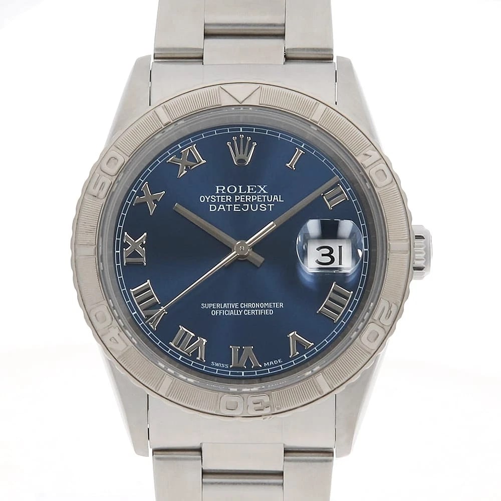 ROLEX THUNDERBIRD BLUE ROMAN OYSTER WATCH: ROLEX Thunderbird blue Roman oyster Watch Brand: ROLEX Type/Style: Wrist watch Material: Band Material Stainless Steel, Case Material Stainless Steel/White gold Color: Dial Color Blue Size: Case Size 