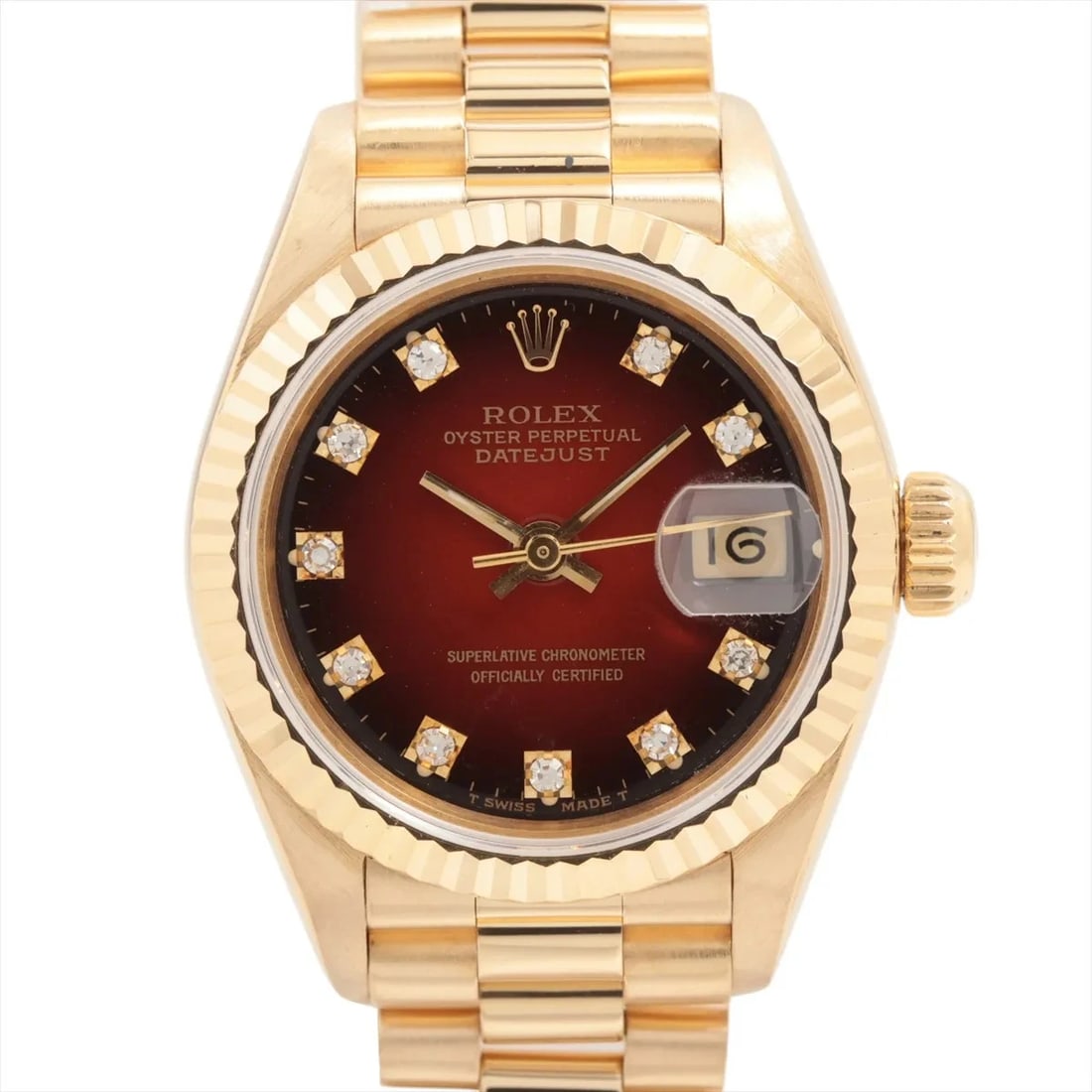 ROLEX YG AT CHERRY GRADATION DIAL WATCH: Rolex YG AT cherry gradation dial Watch Brand: Rolex Type/Style: Wristwatch Material: YG Color: Dial Color cherry gradation Size: Case:W0.8 x H0.8inch / W26 x H26 Circumference of Wrist:5.7inch / 14.5