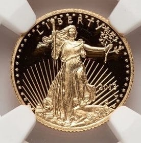2013-W PROOF GOLD EAGLE 1/10 OZ BROWN LABEL: 2013-W Proof Gold Eagle 1/10 oz Brown Label Year: 2013 Composition: GOLD Denomination: $5 Country of Origin: United States Accessories: None Accessories Notice: When purchasing pre-owned goods, ple