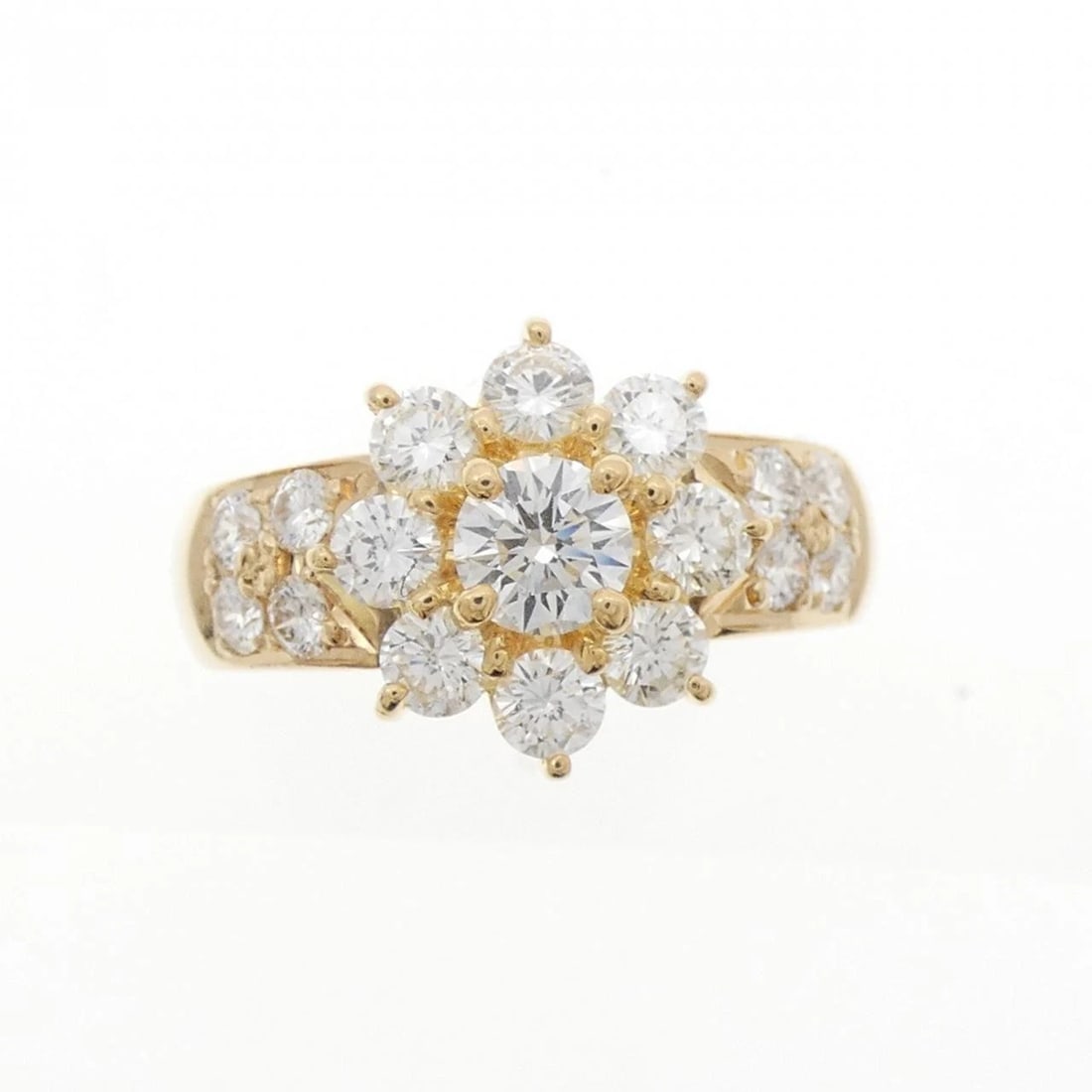 K18YG FLOWER DIAMOND RING: K18YG Flower Diamond Ring Brand: Unbranded Type/Style: Diamond Ring Material: K18 yellow gold, Main Stone Natural Color: Yellow Gold Size: US 5 3/4 Accessories: None Accessories Notice: When