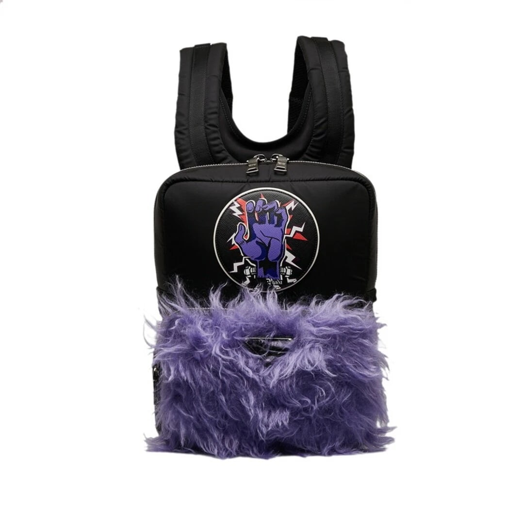 PRADA FRANKENSTEIN NYLON BACKPACK BLACK PURPLE: Prada Frankenstein Nylon Backpack Black Purple Brand: PRADA Type/Style: Bag Material: Nylon, Fur Color: Black, Purple Size: approximately 24 cm (9.4 in) in width, 34 cm (13.4 in) in height, and 15 cm 