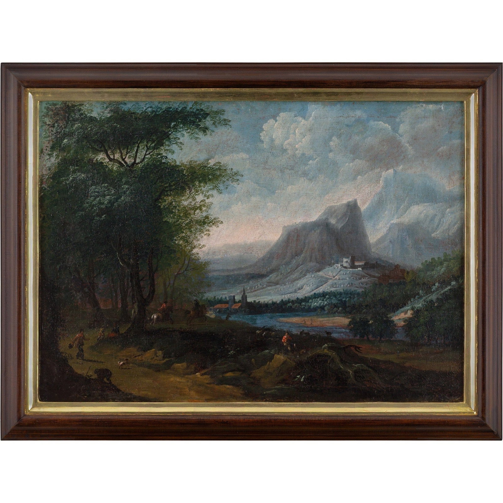 DUTCH SCHOOL MOUNTAINOUS LANDSCAPE WITH WOOD, RIVER, AND FIGURES IN THE MID-17TH CENTURY: Year: c. 1660 Size: 28" x 21" / 71cm x 54cm Medium: Oil on canvas Description: This oil on canvas landscape painting from the Netherlands from the middle of the 17th century shows travelers passing th