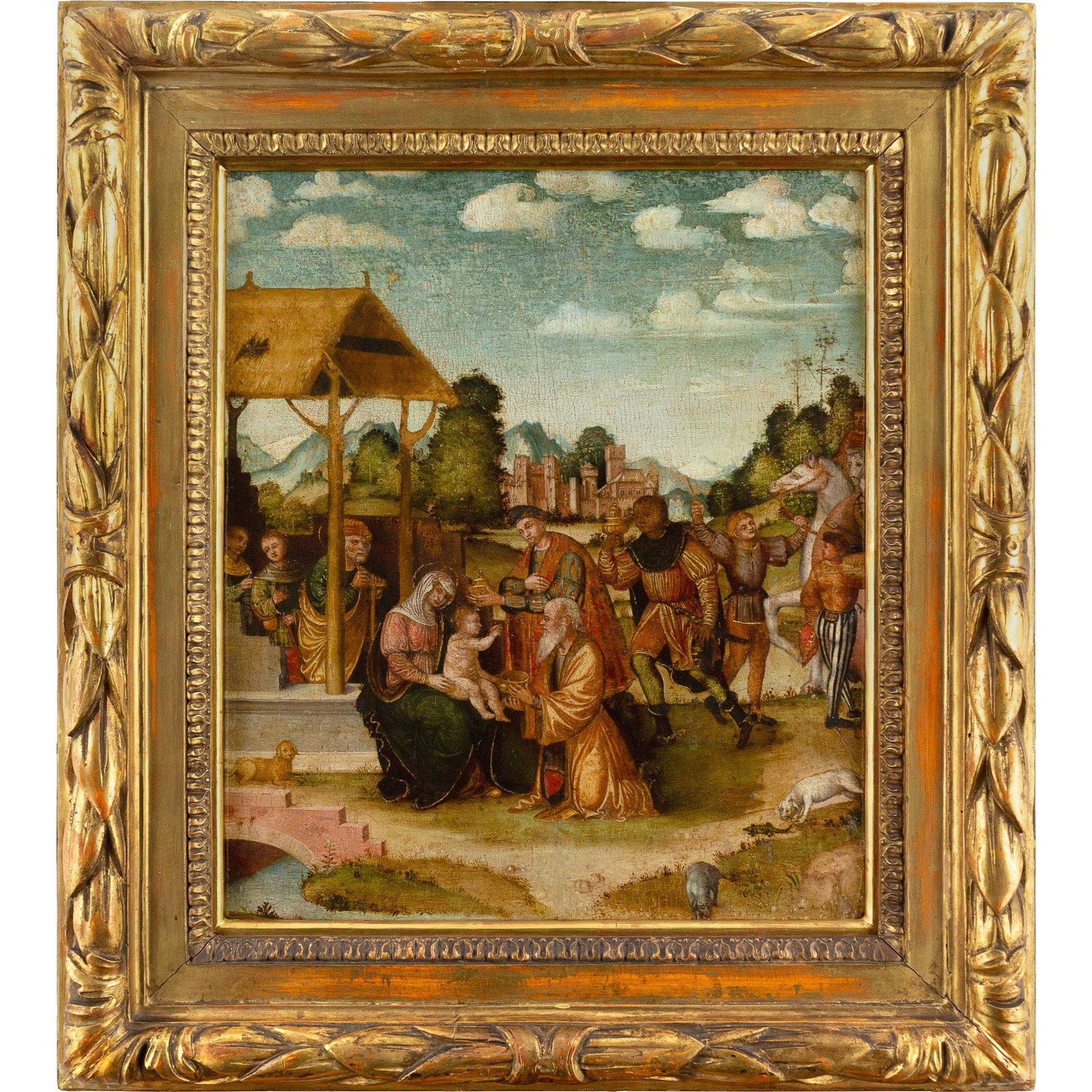 ROMAGNOLA SCHOOL: THE ADORATION OF THE MAGI, MID-16TH CENTURY: Year: c. 1530 Size: 23" x 26" / 59cm x 66cm Medium: Oil with remnants of gilding on panel Description: This stunning early 16th-century Italian panel represents one of Christianity's most beloved mome