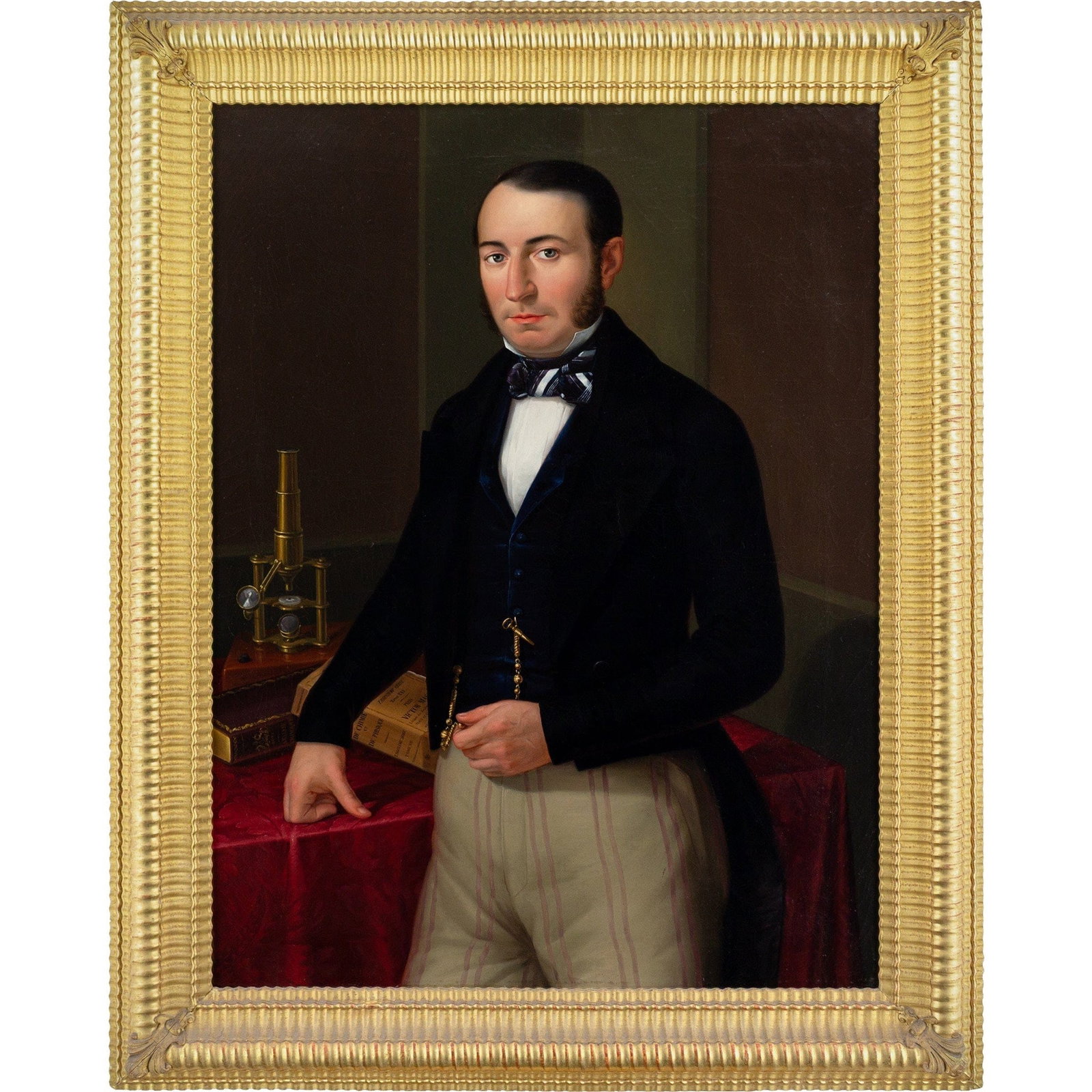 MID-19TH-CENTURY FRENCH SCHOOL A CHEMIST'S PORTRAIT: Year: c. 1850 Size: 371/2" x 47" / 95cm x 119cm Medium: Oil on canvas Description: This beautiful mid-19th-century French portrait portrays a male sitter standing peacefully beside a table strewn with