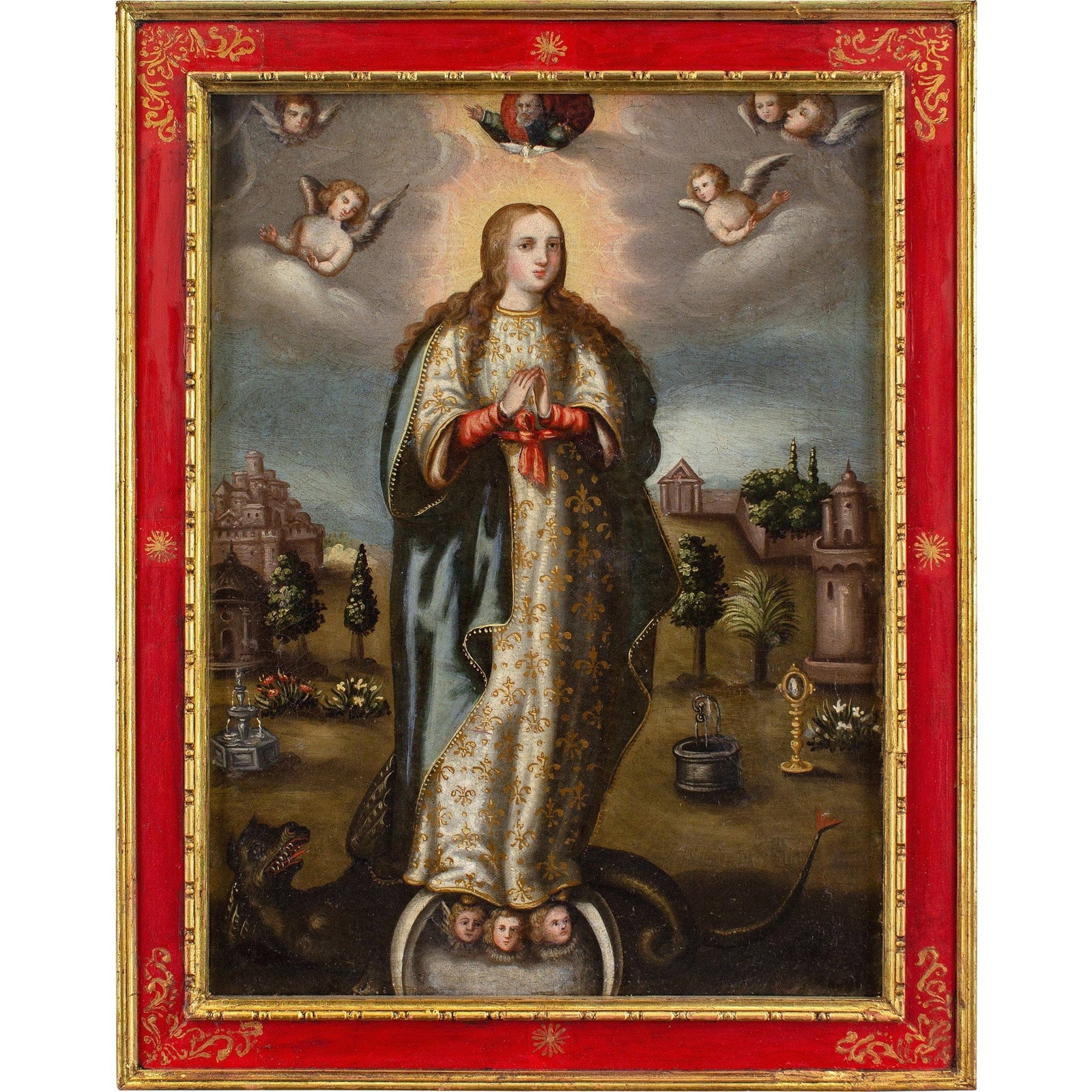 SPANISH COLONIAL SCHOOL IN THE EARLY 17TH CENTURY THE IMMACULATE CONCEPTION VIRGIN: Year: c. 1630 Size: 251/2" x 321/2" / 65cm x 82cm Medium: Oil on canvas Description: The Virgin of the Immaculate Conception is shown in this early 17th-century Spanish colonial oil painting surrounde