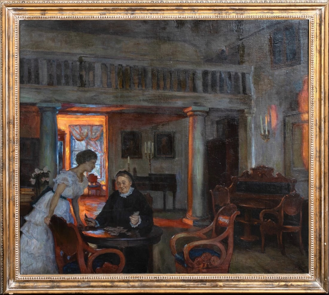 IN THE TWILIGHT OIL PAINTING: Year: 20th century Size: 48" x 43" Medium: Oil Description: Alexandr Moravov's "In The Twilight" is a large Impressionist interior scene from 1912. A large-scale example of a Russian Impressionist pai