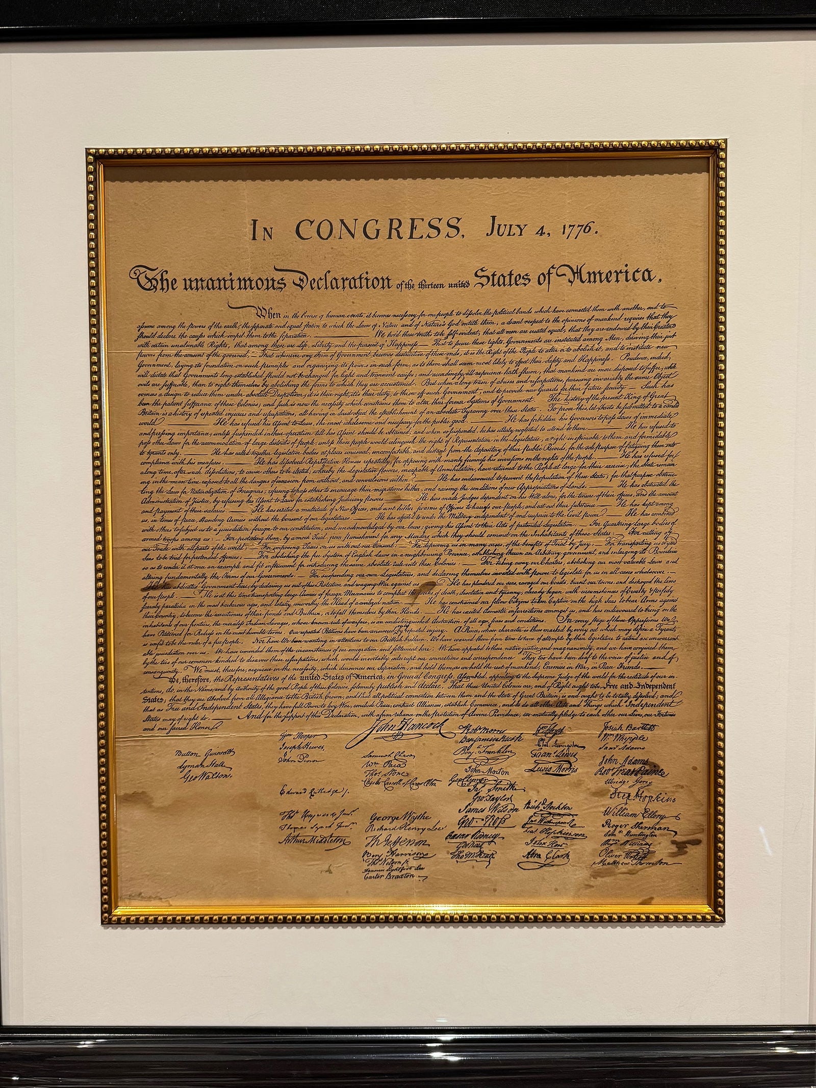 DECLARATION OF INDEPENDENCE JULY 4TH 1776: Year: 19th century Size: Measurement of paper 17 x 21 inches. Frame 31.2 inches by 35 inch Description: Measurement of paper 17 x 21 inches. Frame 31.2 inches by 35 inches with Black frame and gold gi