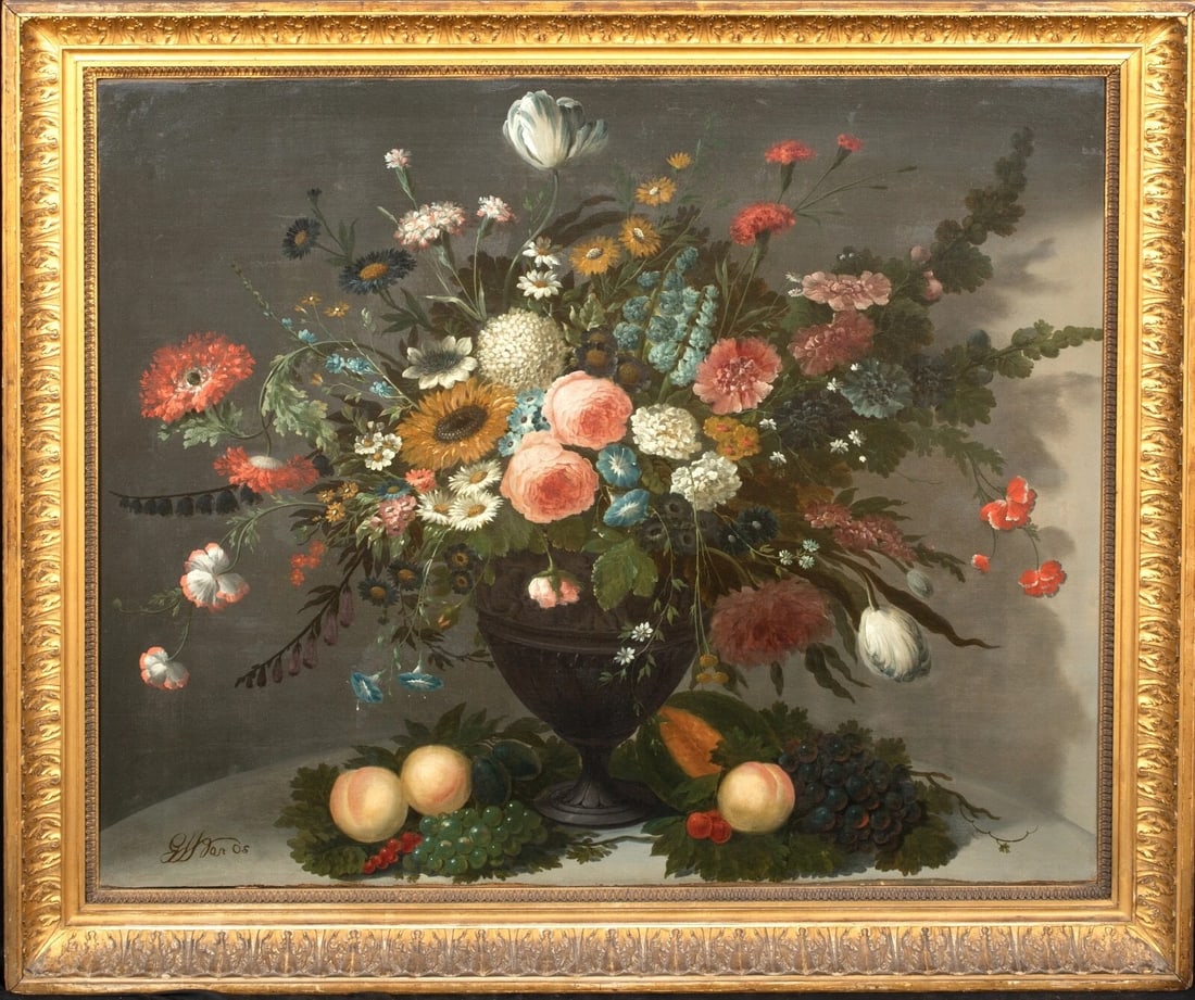 STILL LIFE OF FLOWERS IN A GLASS VASE OIL PAINTING: Year: 18th century Size: 105cm x 85cm Medium: Oil Description: An oil painting by a Dutch master from the 18th century, signed "Van Os" (probably Jan Van Os), depicting a variety of flowers in a vase.