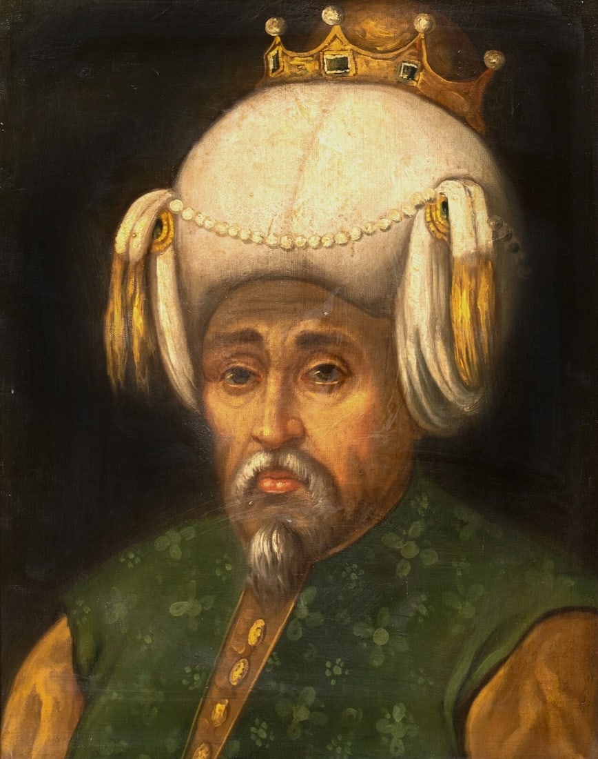 PORTRAIT OF OSMAN I OIL PAINTING: Year: 17th century Size: 35" x 30.5" Medium: Oil Description: Large oil on canvas picture of Osman I from the Italian School, 17th century. Outstanding condition and quality Osman I, the founder of th