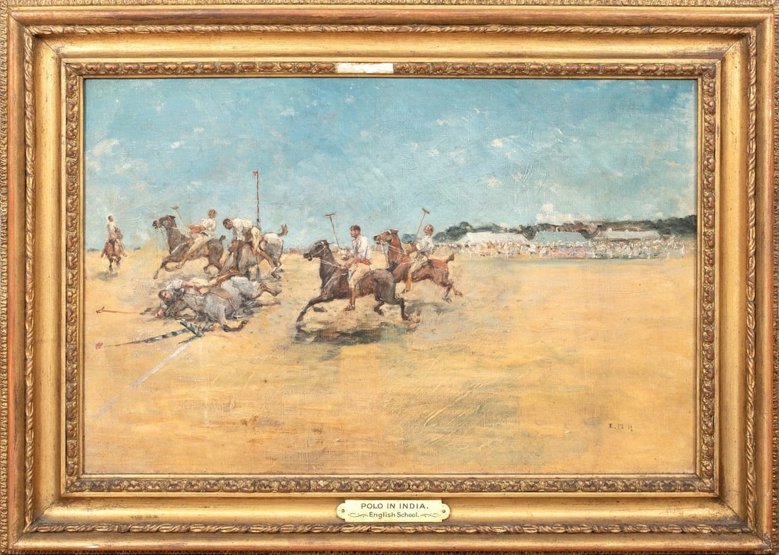 POLO MATCH IN INDIA OIL PAINTING: Year: 19th century Size: 22.5" x 16.5" Medium: Oil Description: Oil on canvas, signed EMH, 19th-century British Colonial School Polo Match in India. This unusual athletic scene of British officers pla
