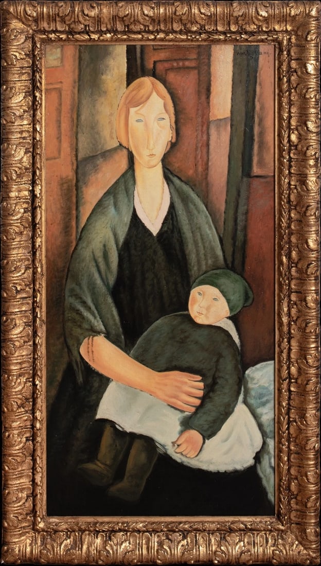 PORTRAIT OF A MOTHER & BABY OIL PAINTING: Year: 20th century Size: 46" x 26" Medium: Oil Description: An enormous old oil painting of a mother and child by Amedeo Modigliani. A sitting portrait of a mother and kid in excellent condition. plac
