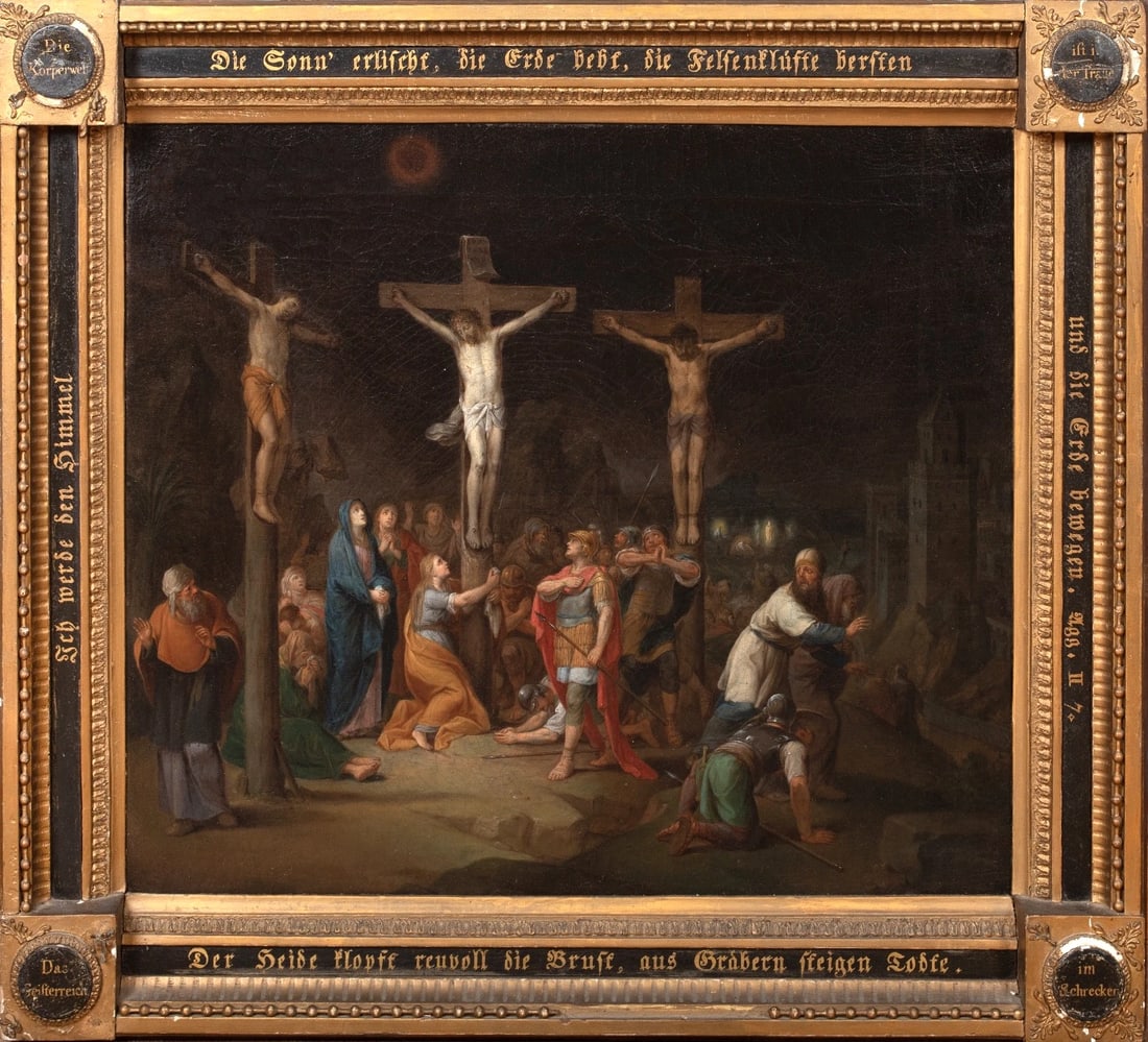 THE CRUCIFIXION OF CHRIST OIL PAINTING: Year: 19th century Size: 34.5" x 31" Medium: Oil Description: Conrad Huber's large oil painting of the Crucifixion from the 19th century in Germany. In a golden and ebony Renaissance-style frame with 