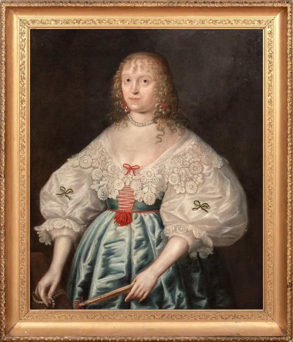 PORTRAIT OF CATHERINE MURRAY OIL PAINTING ATTRIBUTED TO DAVID SCOUGALL: Year: 17th century Size: 45" x 38" Medium: Oil Description: Credited to David Scougall (1610-C1680) Large oil painting from the 17th century depicting a woman who is generally recognized as Catherine 