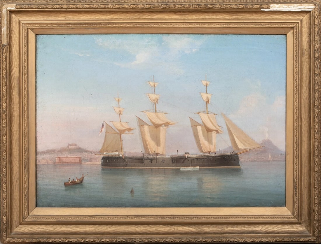 VIEW OF THE BRITISH ROYAL NAVY OIL PAINTING: Year: 19th century Size: 32" x 28" Medium: Oil Description: Tommaso De Simone's oil painting from the 19th century depicts a large view of the British Royal Navy fleet off the coast of Naples. A super