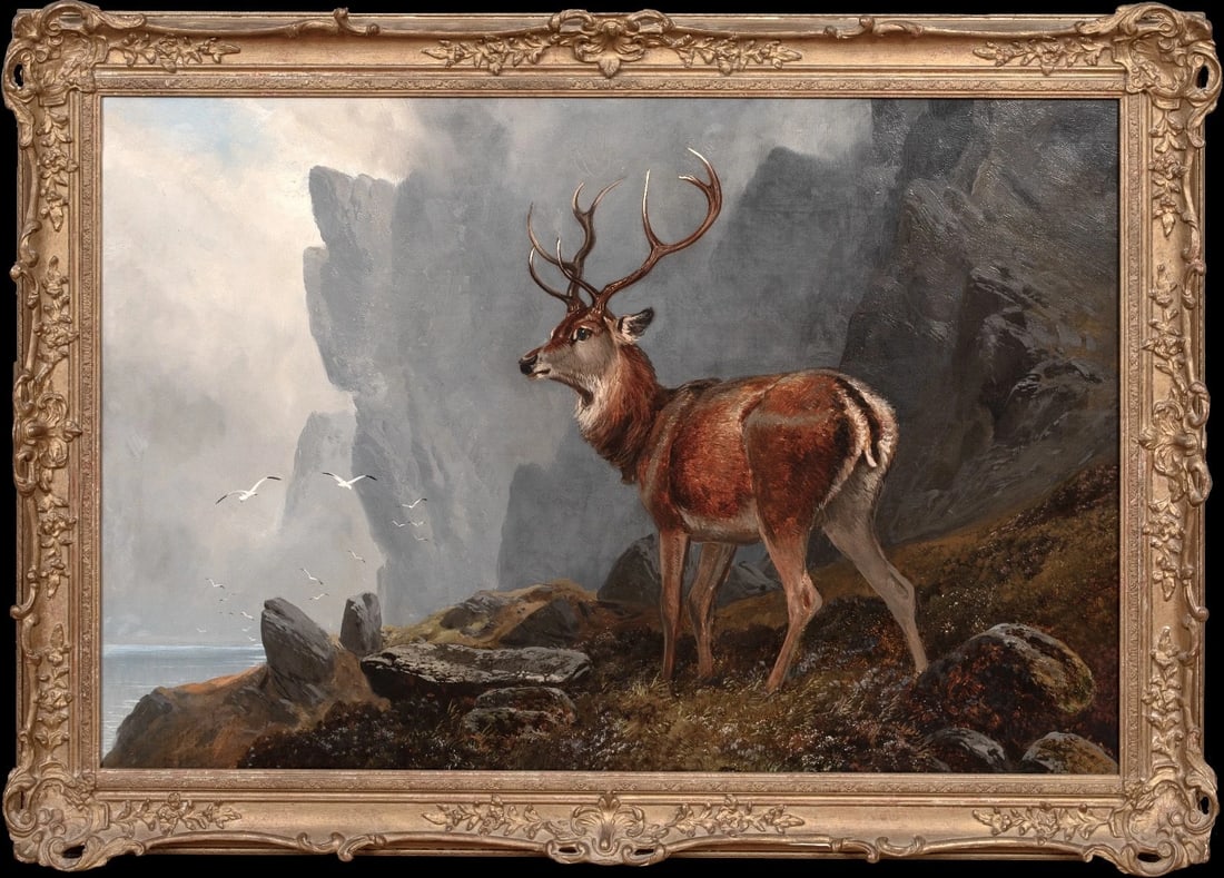 HIGHLAND STAG BY THE LOCH OIL PAINTING: Year: 19th century Size: 42" x 30" Medium: Oil Description: Clarence Henry Roe's large oil painting from the 19th century depicts a Scottish Highland landscape with a stag at the brink of a loch. An o