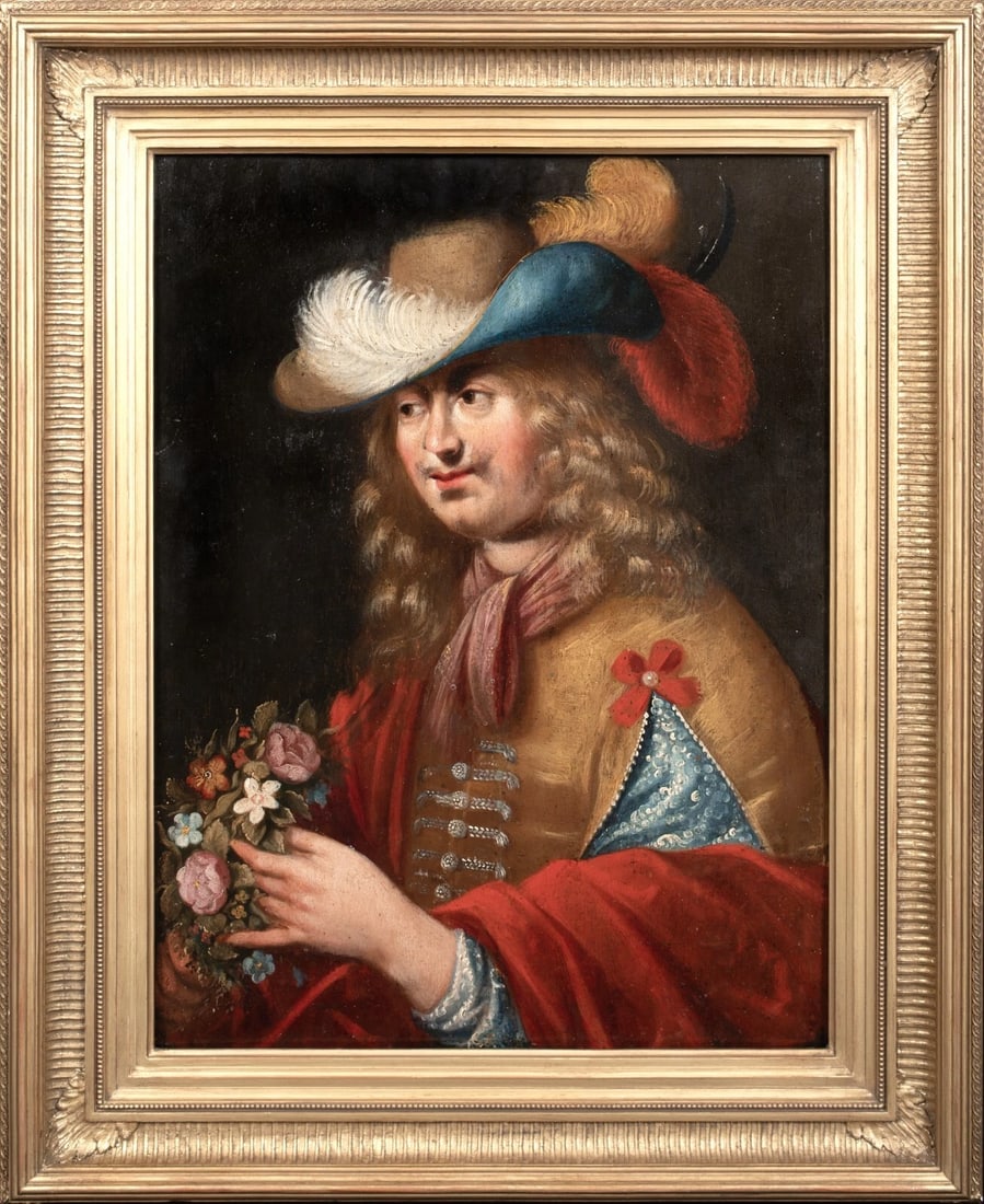 PORTRAIT OF A CHEVALIER HOLDING FLOWERS OIL PAINTING: Year: 16th century Size: 34.5" x 28" Medium: Oil Description: Large oil on panel French School picture, c. 1600, showing a chevalier with flowers in his hand and a plumed cap on his head. Outstanding 