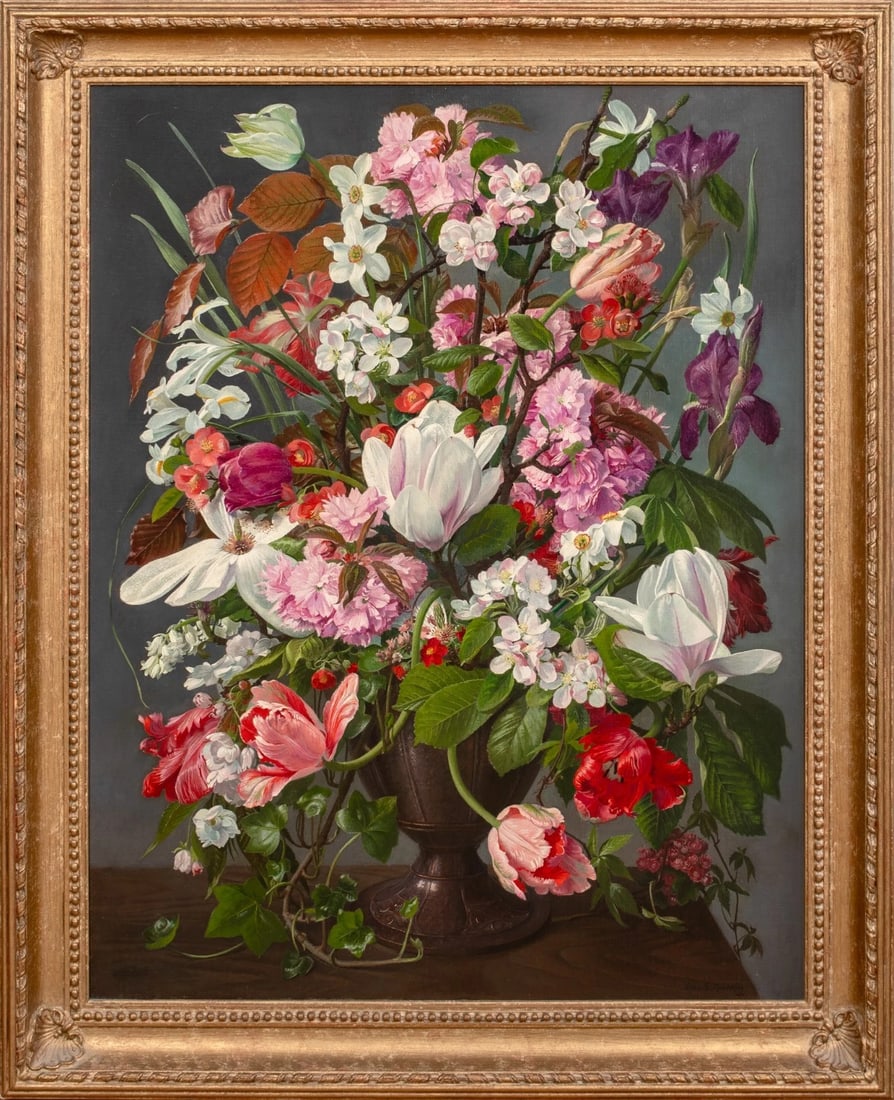 STILL LIFE OF FLOWERS IN A VASE OIL PAINTING: Year: 20th century Size: 38'' x 31'' Medium: Oil Description: John E. Nicholls created this large 19th-century English still life of a variety of summer flowers in a vase using oil on canvas. It is a 