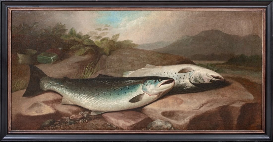 STILL LIFE OF A BRACE OF SALMON OIL PAINTING ATTRIBUTED TO JOHN BUCKNELL RUSSELL: Year: 19th century Size: 45" x 23" Medium: Oil Description: Huge oil on canvas still life from the 19th century depicting a brace of salmon beside the River Spey in Scotland, credited to John Bucknell