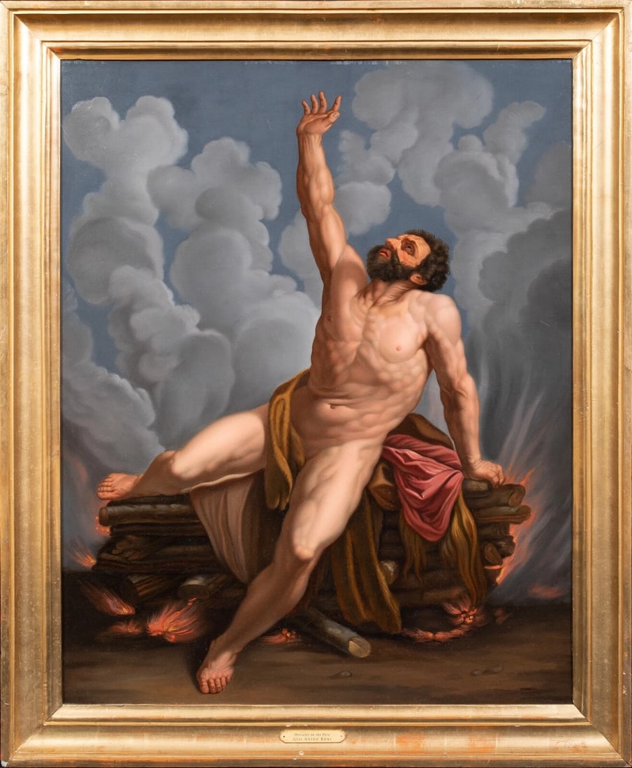 HERCULES AT THE FUNERAL PYRE AT MOUNT OETA OIL PAINTING: Year: 18th century Size: 57" x 43" Medium: Oil Description: follower of GUIDO RENI (BOLOGNA 1575-1642)? 18th Century Italian Old Master depiction of Hercules at his funeral pyre, Mount Oeta. A rare ea