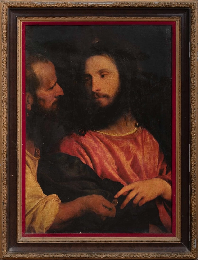 CHRIST & THE TRIBUTE MONEY OIL PAINTING: Year: 17th century Size: 32" x 24" Medium: Oil Description: Christ & The Tribute Money, an oil painting by an Italian Old Master from the 17th century. A representation of the Tribute Money from the e