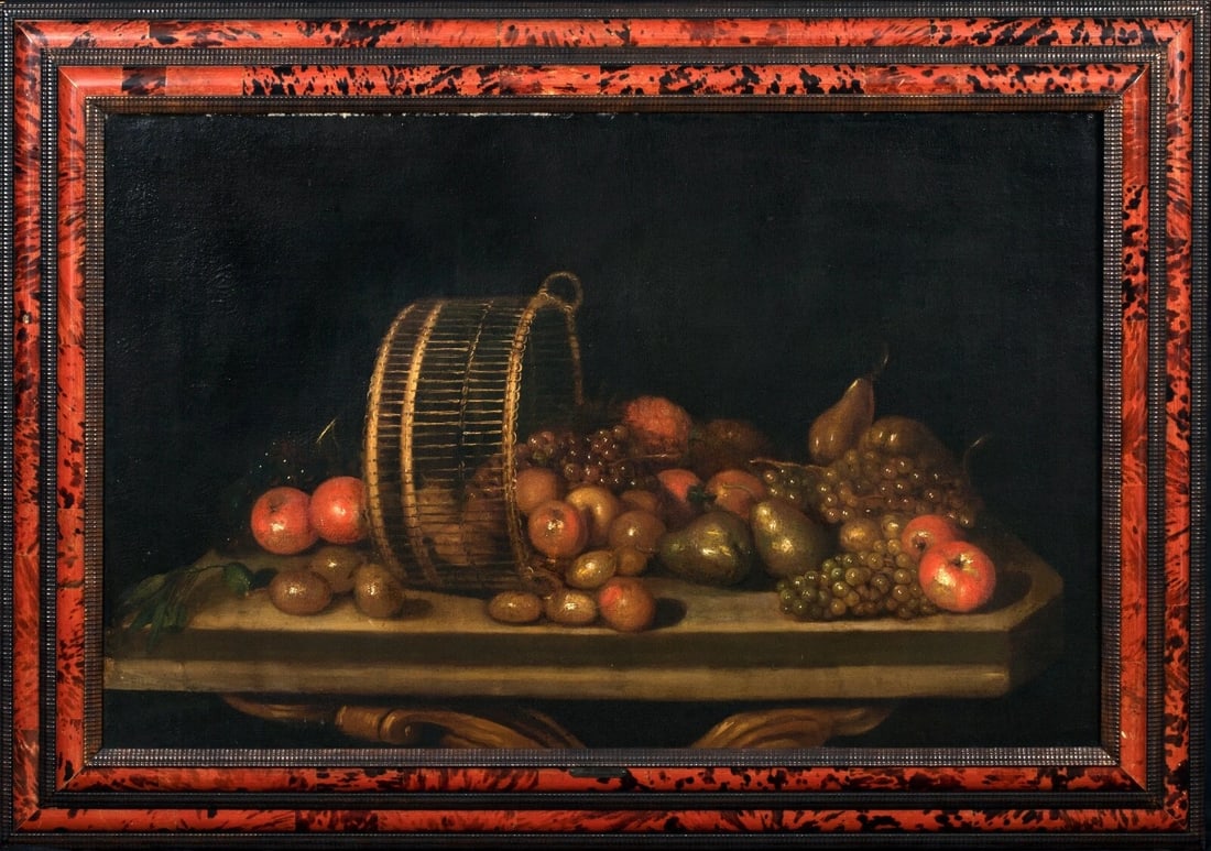 STILL LIFE OF FRUITS OIL PAINTING: Year: 17th century Size: 51" X 37" Medium: Oil Description: Huge oil on canvas still life from the 17th century with fruits, pears, and grapes in an overturned basket resting on a mantle. Excellent qu