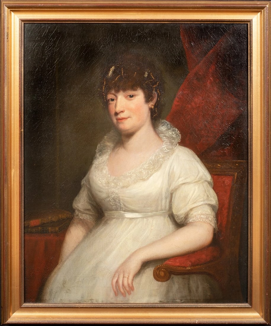 PORTRAIT OF A LADY MARY ANN PIGOT OIL PAINTING: Year: 19th century Size: 42" x 33" Medium: Oil Description: William Beechey's ircle (1753-1839) This exquisite huge oil painting from the 19th century in England depicts a woman wearing a white dress 