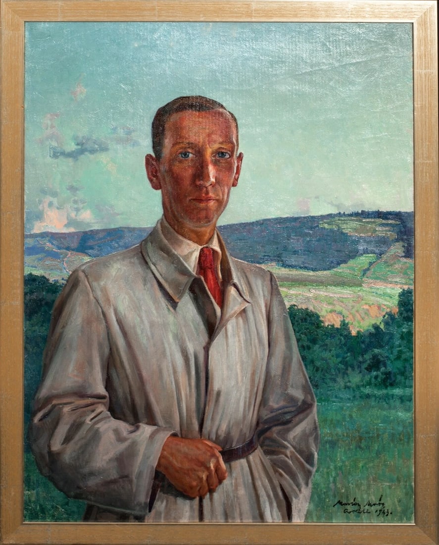PORTRAIT OF A WOMAN IN A GENTLEMAN OIL PAINTING: Year: 20th century Size: 95cm x 75cm Medium: Oil Description: Beautiful huge oil painting of a woman dressed as a male from the French WWII era, created in 1943. One of a pair we have, the other of wh