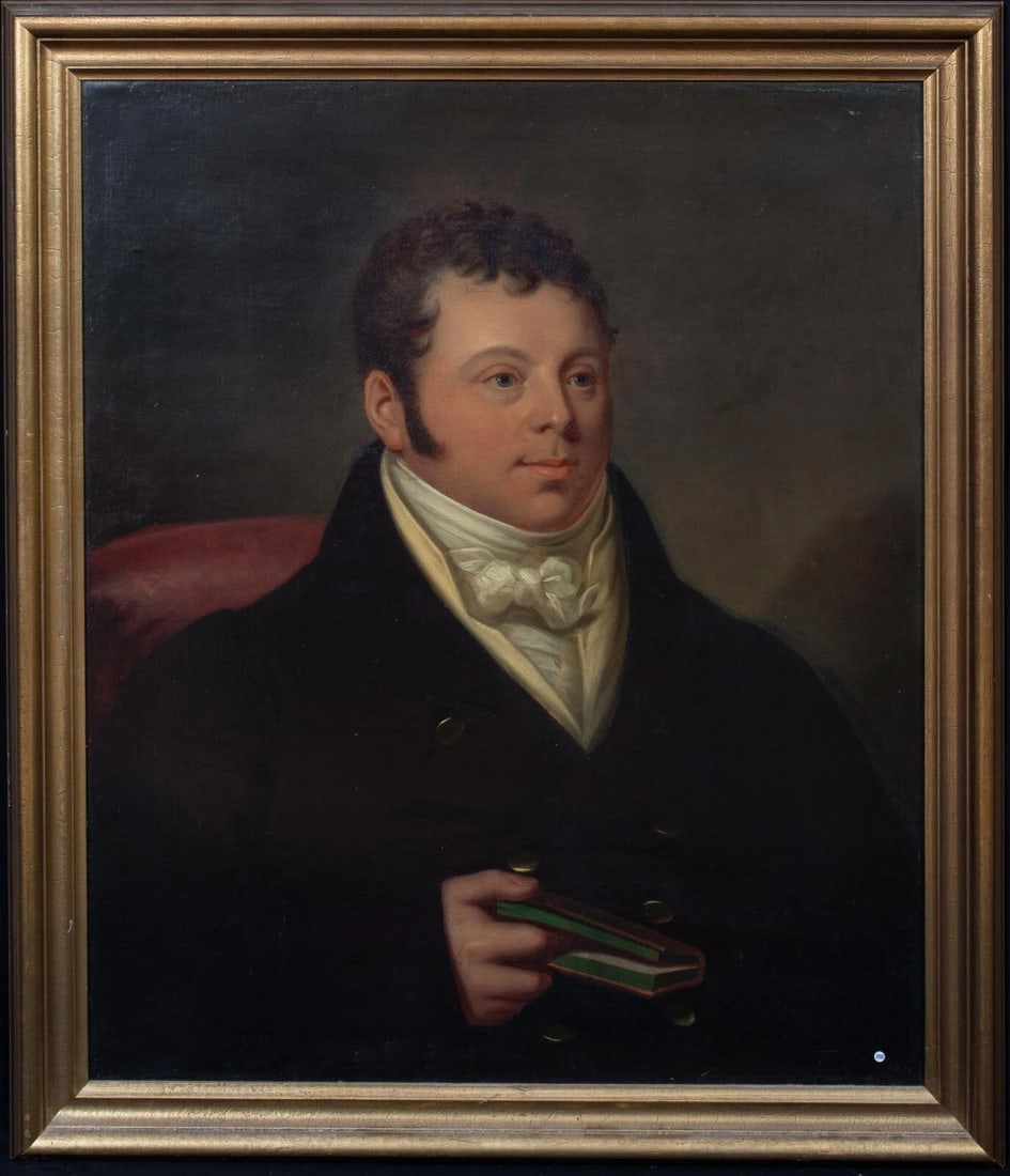 PORTRAIT OF A GENTLEMAN OIL PAINTING: Year: 19th century Size: 34.5" x 29" Medium: Oil Description: A large oil painting of a gentleman from the 19th century in England. Excellent condition and quality A young, burly man holding a little 