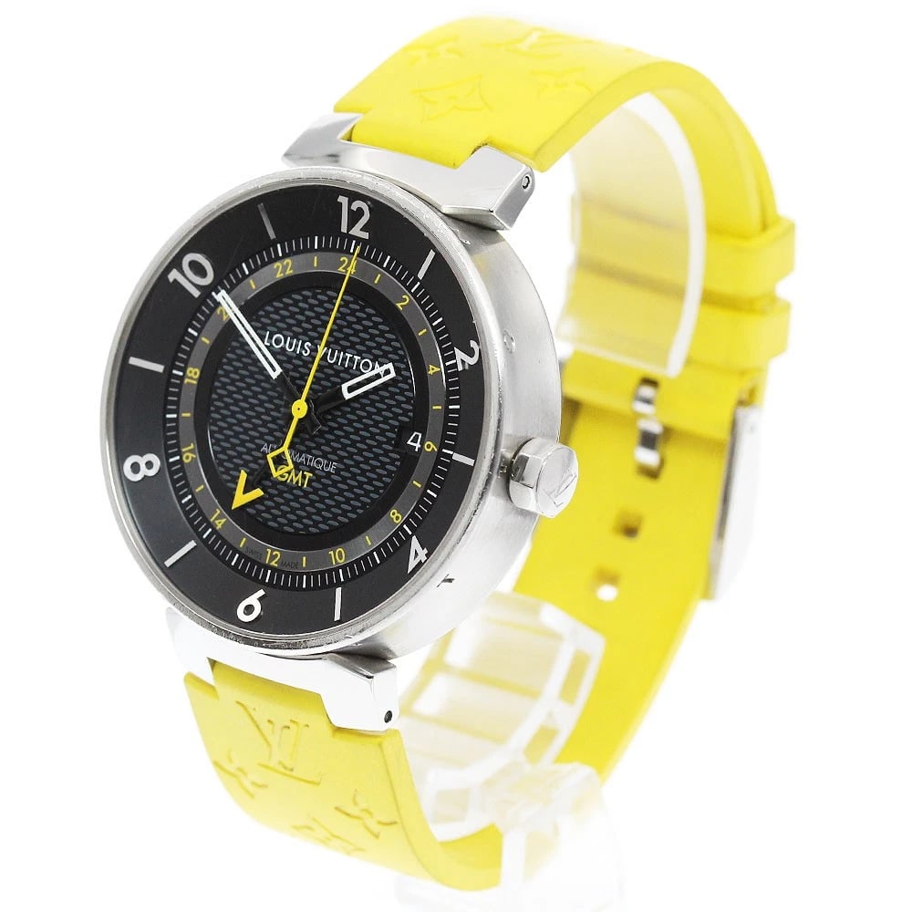 LOUIS VUITTON TAMBOUR MOON GMT AUTOMATIC WATCH: LOUIS VUITTON Tambour Moon GMT Automatic Watch Brand: LOUIS VUITTON Type/Style: Wristwatch Material: Band Material rubber, Case Material Stainless Steel Color: Band Color yellow, Case Color Silver, Di