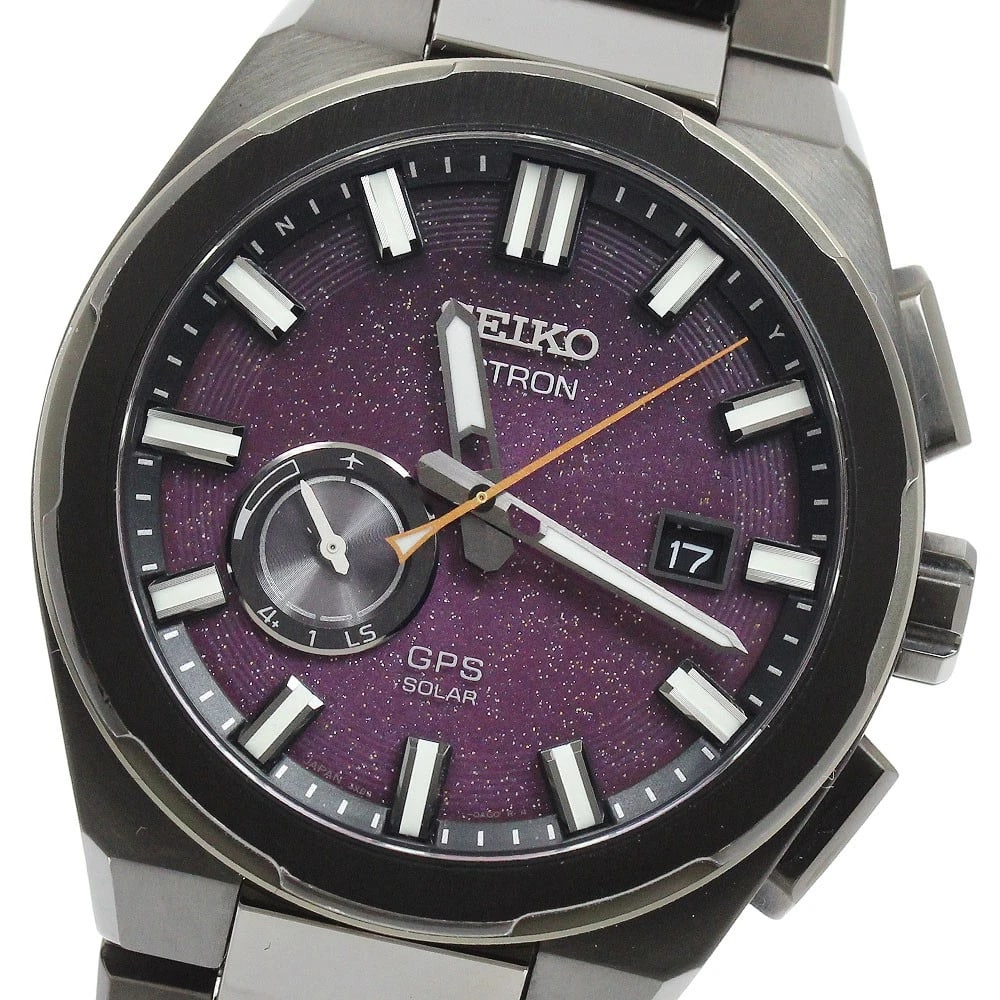 SEIKO ASTRON NEXTER SOLAR POWERED RADIO WATCH: SEIKO Astron Nexter Solar Powered Radio Watch Brand: SEIKO Type/Style: Wristwatch Material: Band Material titanium, Case Material titanium Color: Band Color black, Case Color black, Dial Color purple