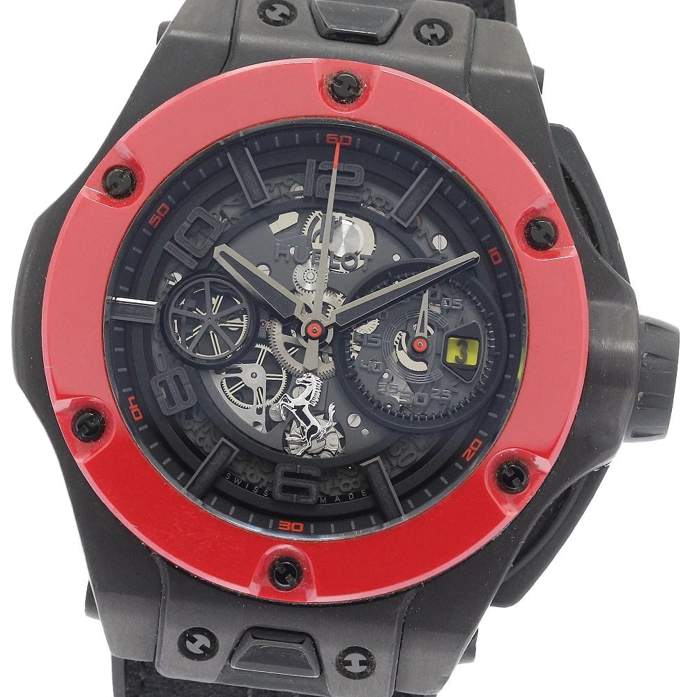 HUBLOT BIG BANG FERRARI UNICO RED CHRONOGRAPH AUTOMATIC WATCH: HUBLOT Big Bang Ferrari Unico Red Chronograph Automatic Watch Brand: HUBLOT Type/Style: Wristwatch Material: Band Material Alcantara / Rubber, Case Material carbon/ceramic Color: Band Color black,