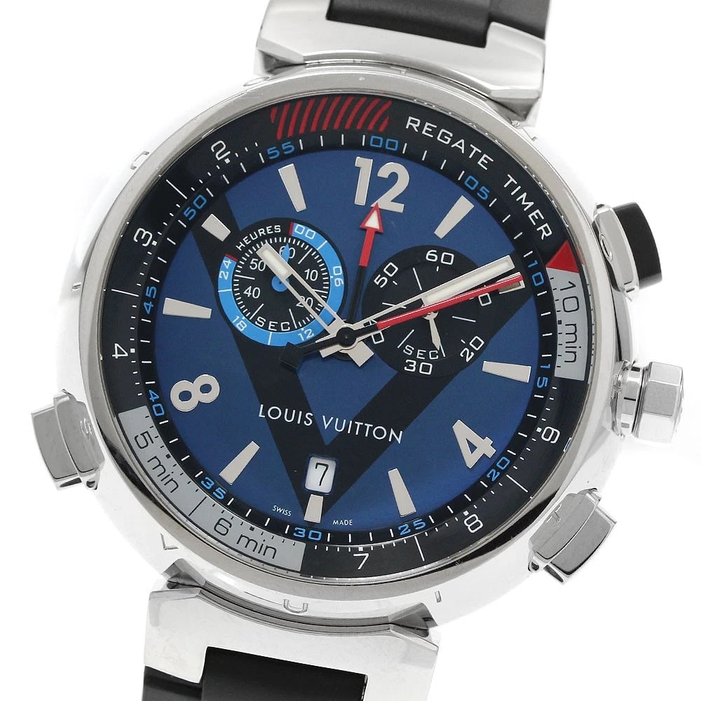LOUIS VUITTON TAMBOUR REGATTA CHRONOGRAPH ALARM QUARTZ WATCH: LOUIS VUITTON Tambour Regatta Chronograph Alarm Quartz Watch Brand: LOUIS VUITTON Type/Style: Wristwatch Material: Band Material rubber, Case Material Stainless Steel Color: Band Color black, Case