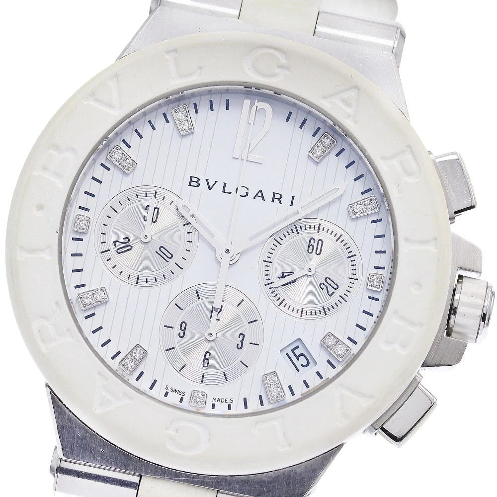 BVLGARI DIAGONO CHRONOGRAPH WITH DIAMONDS AUTOMATIC WATCH: BVLGARI Diagono Chronograph With Diamonds Automatic Watch Brand: BVLGARI Type/Style: Wristwatch Material: Band Material rubber, Case Material Stainless Steel Color: Band Color white, Case Color Silver