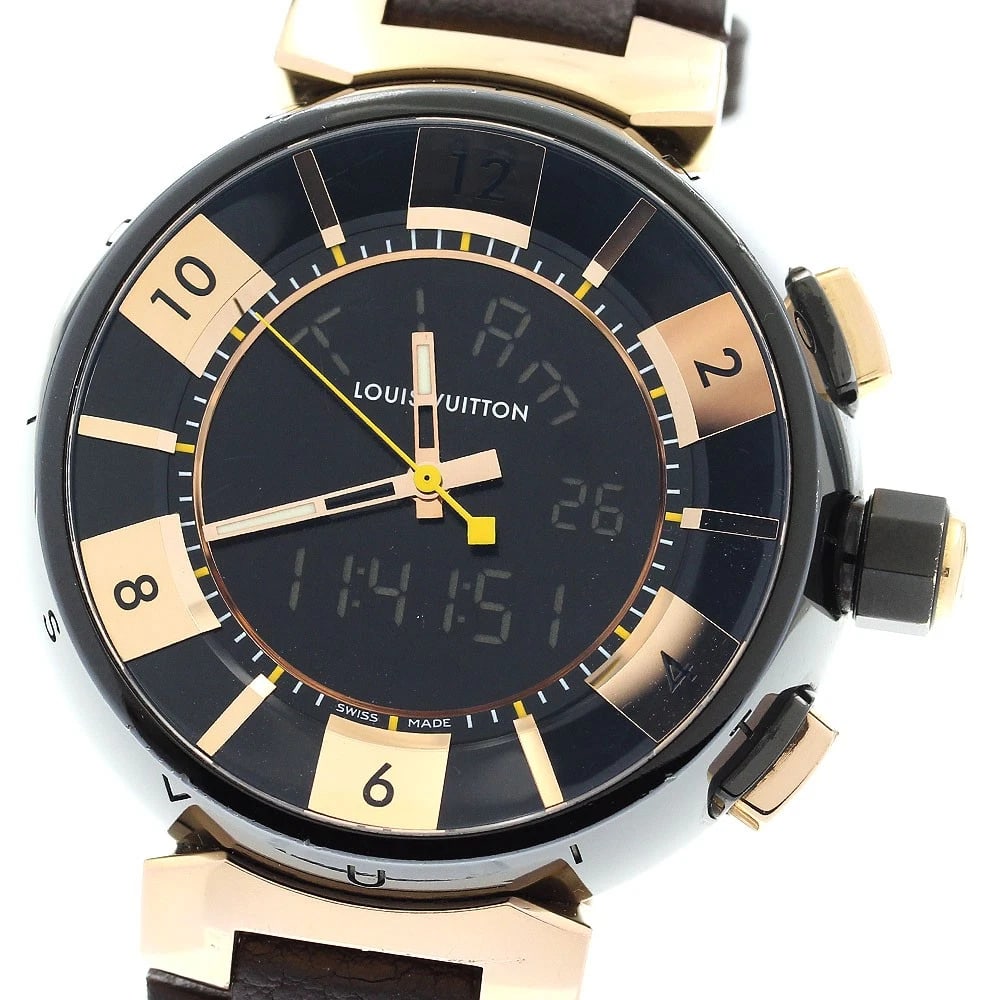 LOUIS VUITTON TAMBOUR QUARTZ WATCH: LOUIS VUITTON Tambour Quartz Watch Brand: LOUIS VUITTON Type/Style: Wristwatch Material: Band Material leather, Case Material K18PG/Stainless Steel Color: Band Color Brown, Case Color Pink Gold / Blac