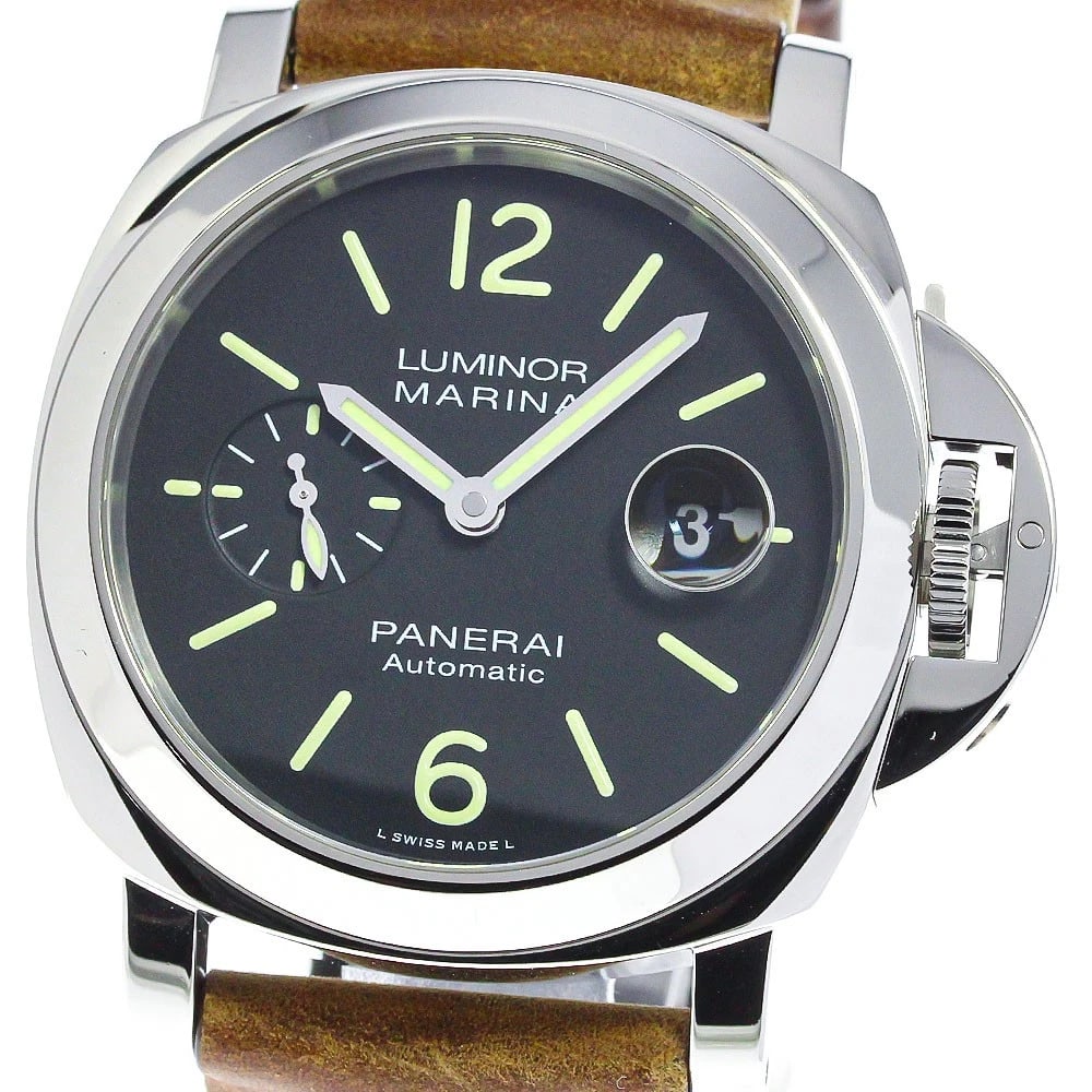 PANERAI LUMINOR MARINA SMALL AUTOMATIC WATCH: PANERAI Luminor Marina Small Automatic Watch Brand: PANERAI Type/Style: Wristwatch Material: Band Material leather, Case Material Stainless Steel Color: Band Color Brown, Case Color Silver, Dial Color