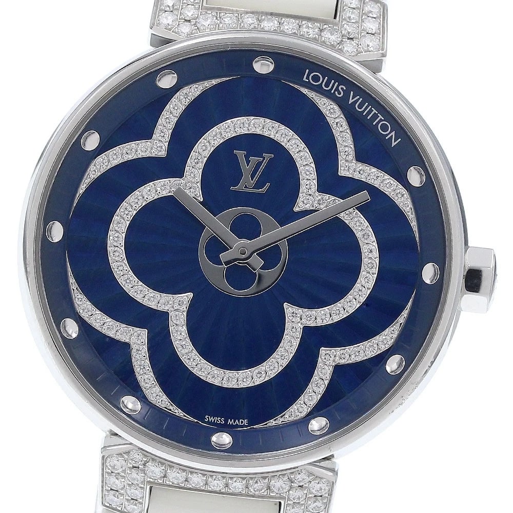 LOUIS VUITTON TAMBOUR MOON DIVINE DIAMOND QUARTZ WATCH: LOUIS VUITTON Tambour Moon Divine Diamond Quartz Watch Brand: LOUIS VUITTON Type/Style: Wristwatch Material: Band Material Leather / enamel, Case Material Stainless Steel Color: Band Color white, Case