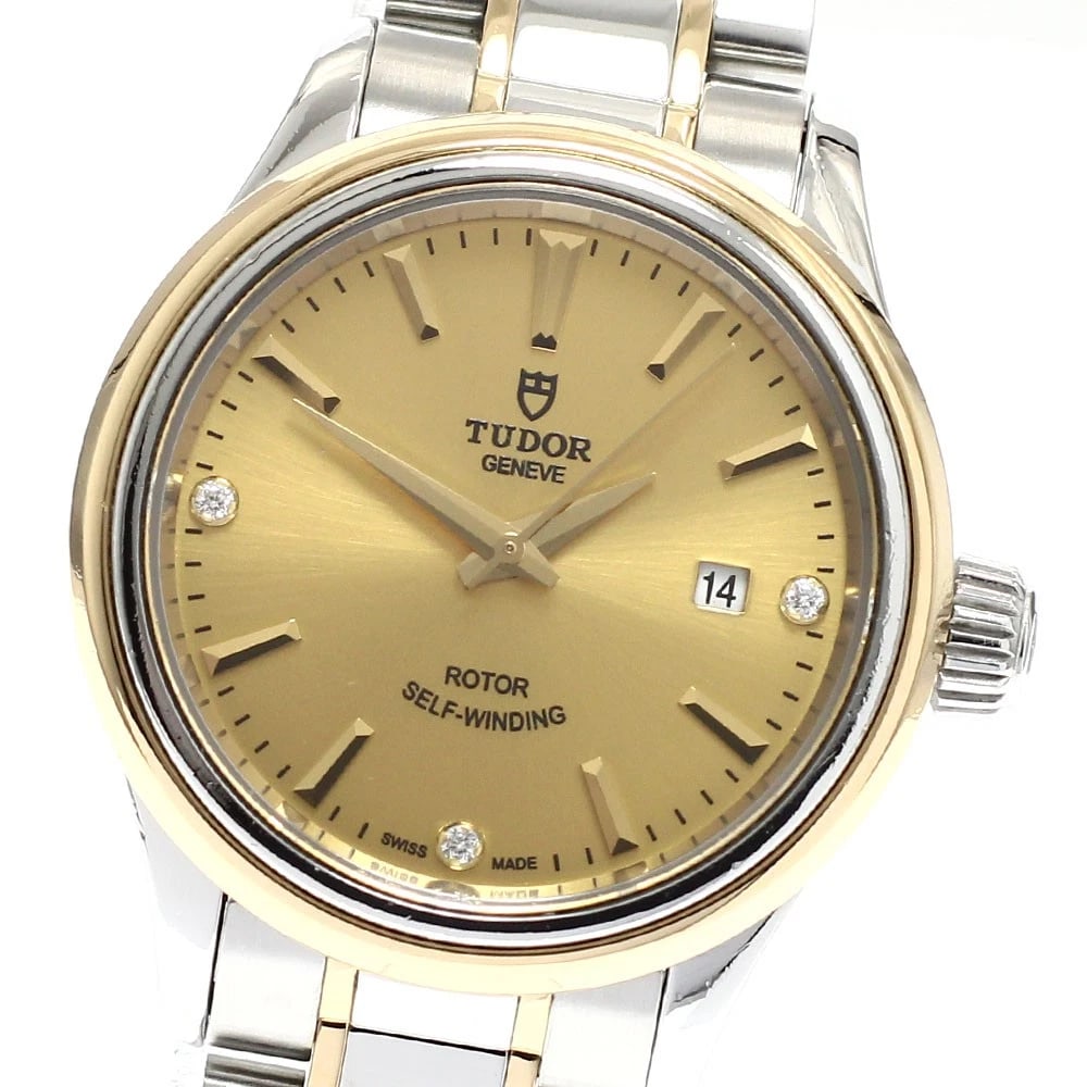 TUDOR STYLE YG TONE DIAMOND WATCH: TUDOR Style YG Tone Diamond Watch Brand: TUDOR Type/Style: Wristwatch Material: Band Material Stainless Steel/YG, Case Material Stainless Steel/YG Color: Band Color Silver / Gold, Case Color Silver /