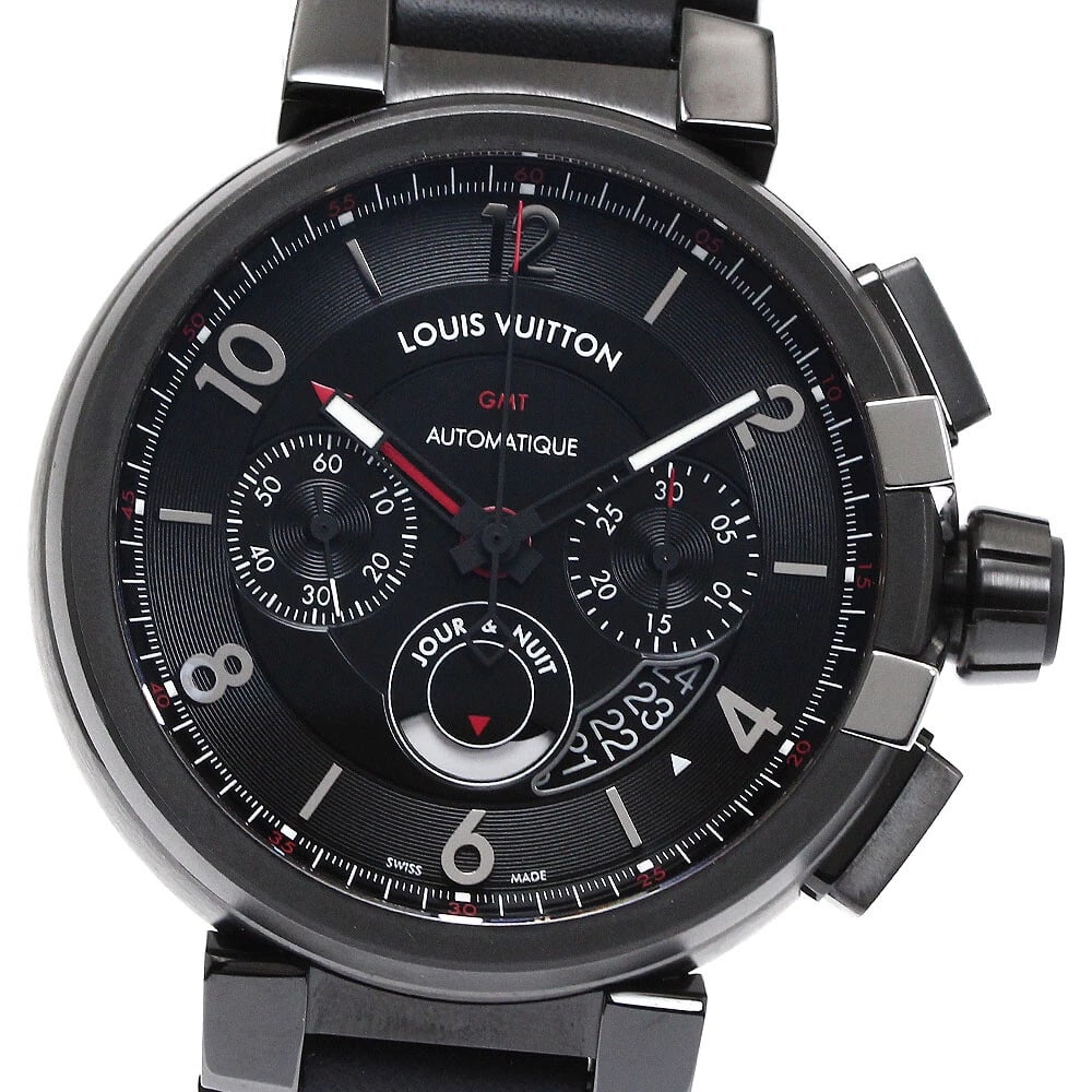 LOUIS VUITTON TAMBOUR EVOLUTION CHRONOGRAPH AUTOMATIC WATCH: LOUIS VUITTON Tambour Evolution Chronograph Automatic Watch Brand: LOUIS VUITTON Type/Style: Wristwatch Material: Band Material Rubber / leather, Case Material Stainless Steel Color: Band Color black,
