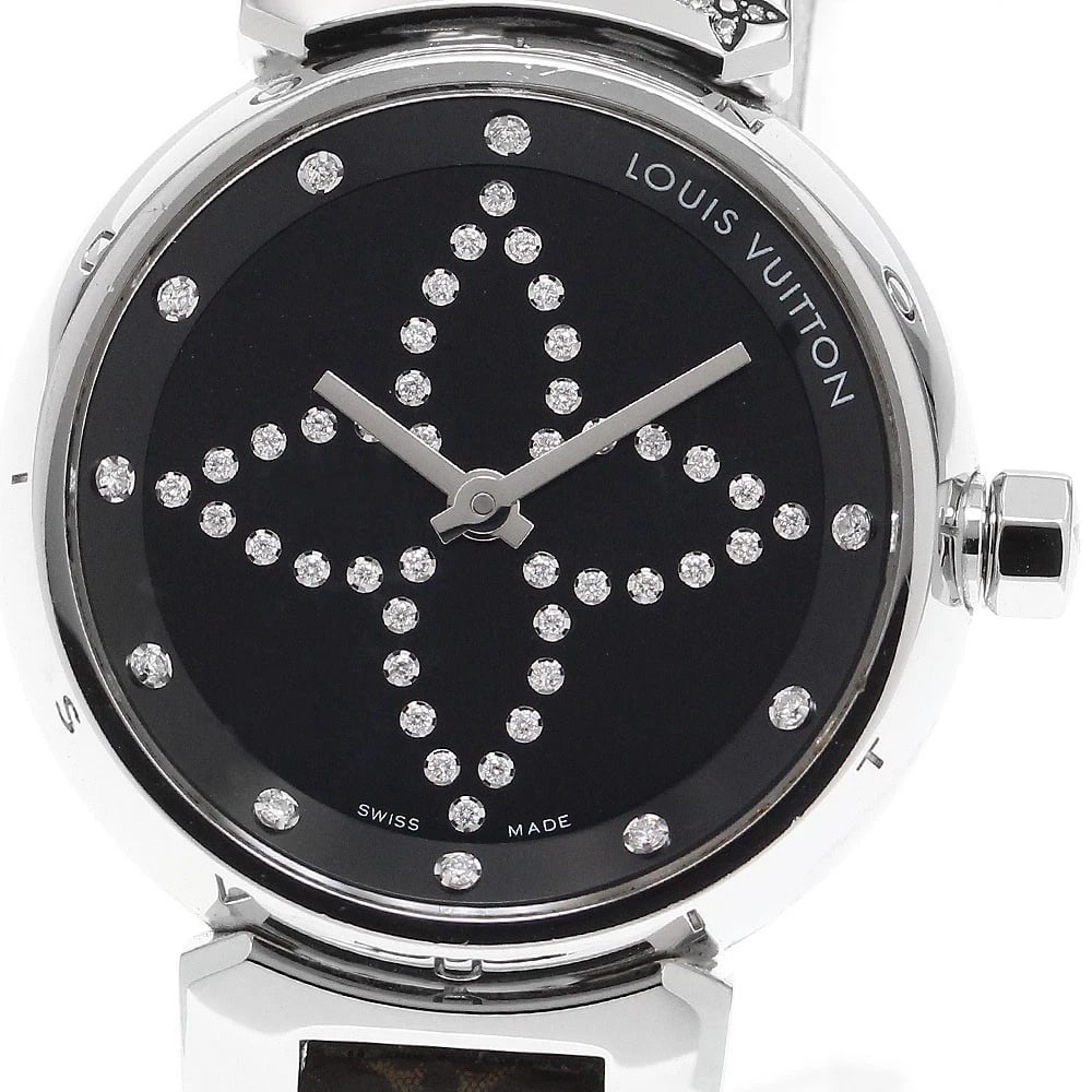 LOUIS VUITTON TAMBOUR DIAMOND QUARTZ WATCH: LOUIS VUITTON Tambour Diamond Quartz Watch Brand: LOUIS VUITTON Type/Style: Wristwatch Material: Band Material leather, Case Material Stainless Steel Color: Band Color Brown, Case Color Silver, Dial C